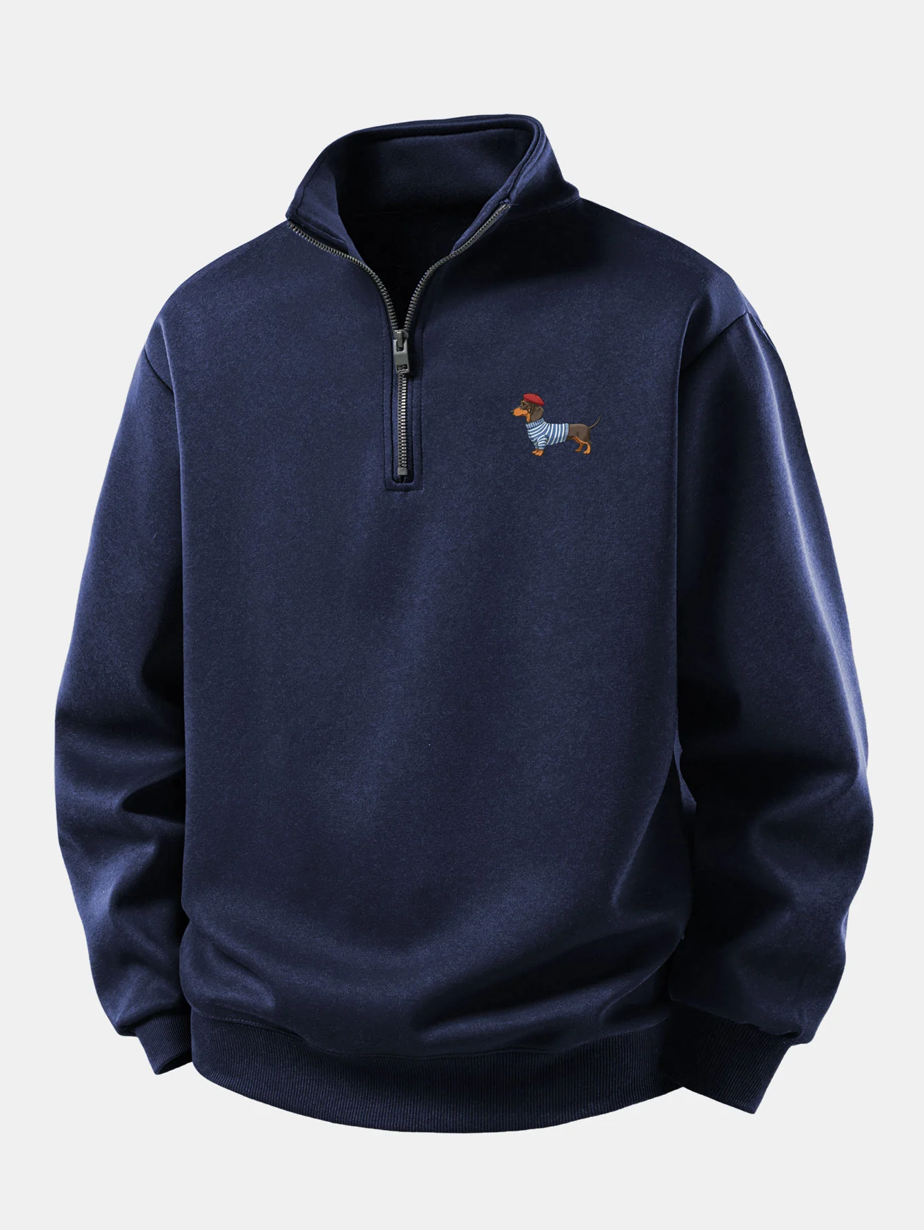 Relax Fit Dachshund Wearing Striped Sweater Print Quarter Zip Sweatshirt - Image 7
