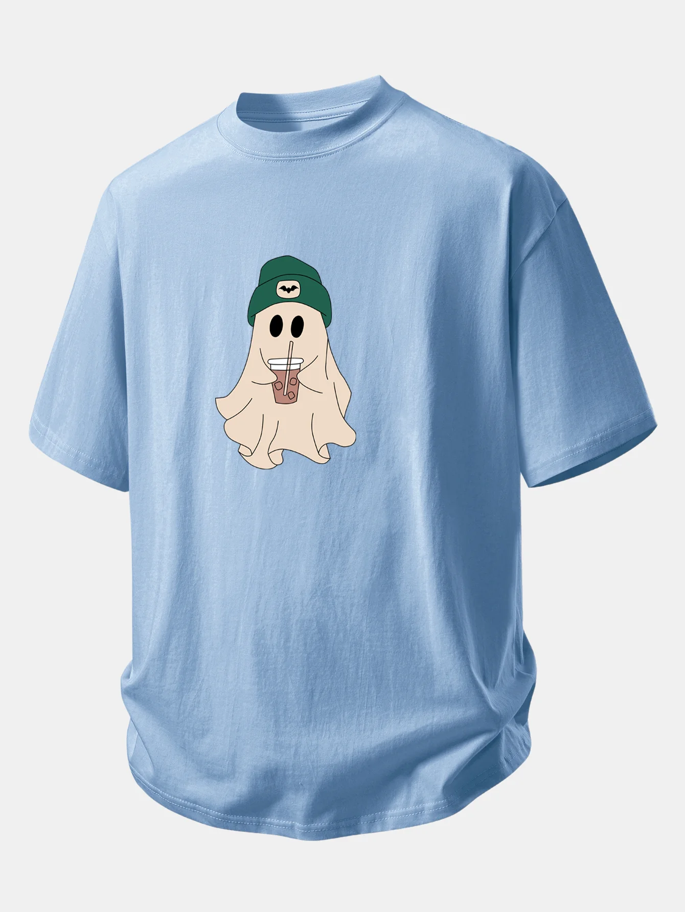 Relax Fit Darkgreen Hat Ghost Print Cotton T-Shirt - Image 10