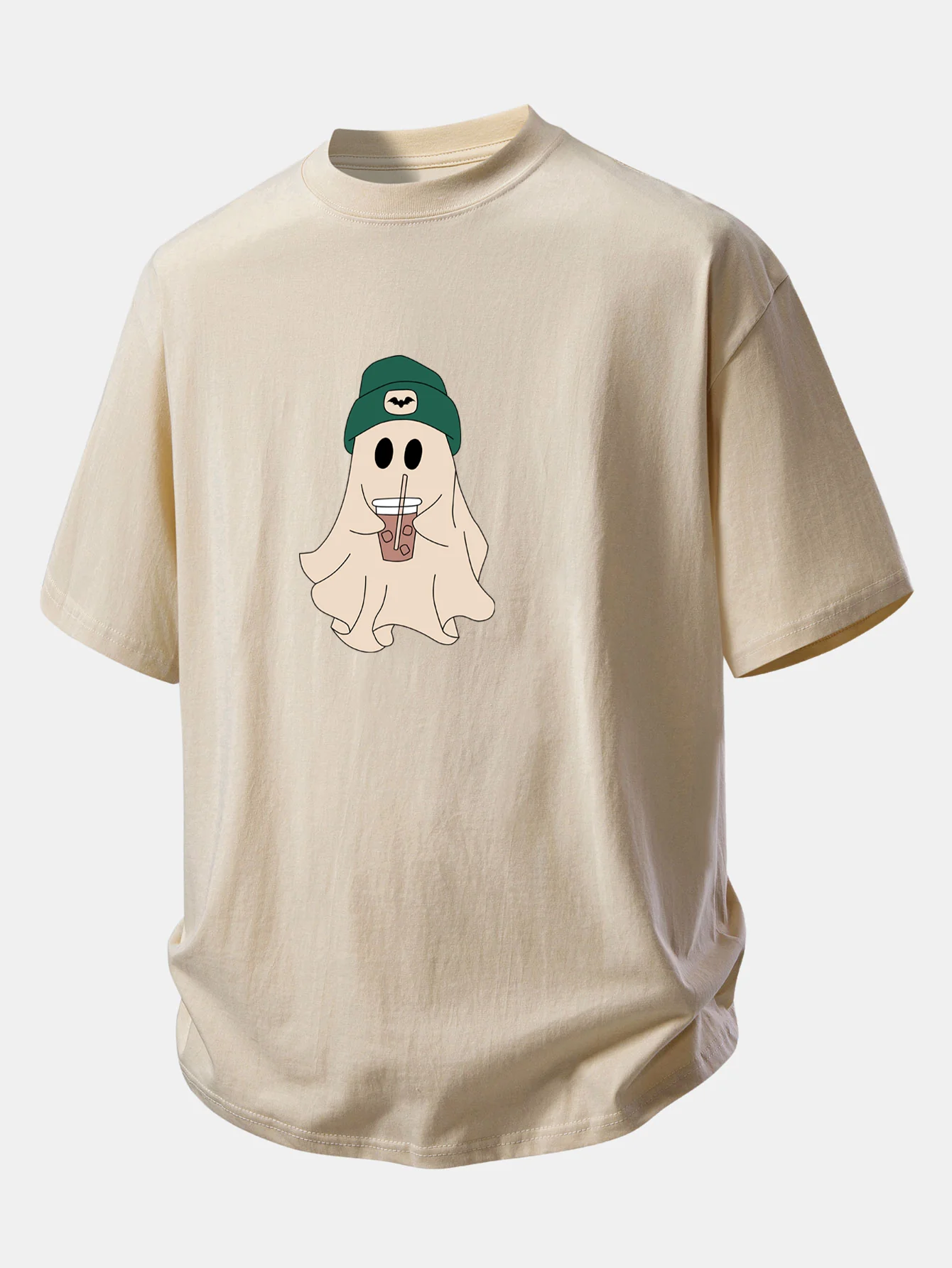 Relax Fit Darkgreen Hat Ghost Print Cotton T-Shirt - Image 11
