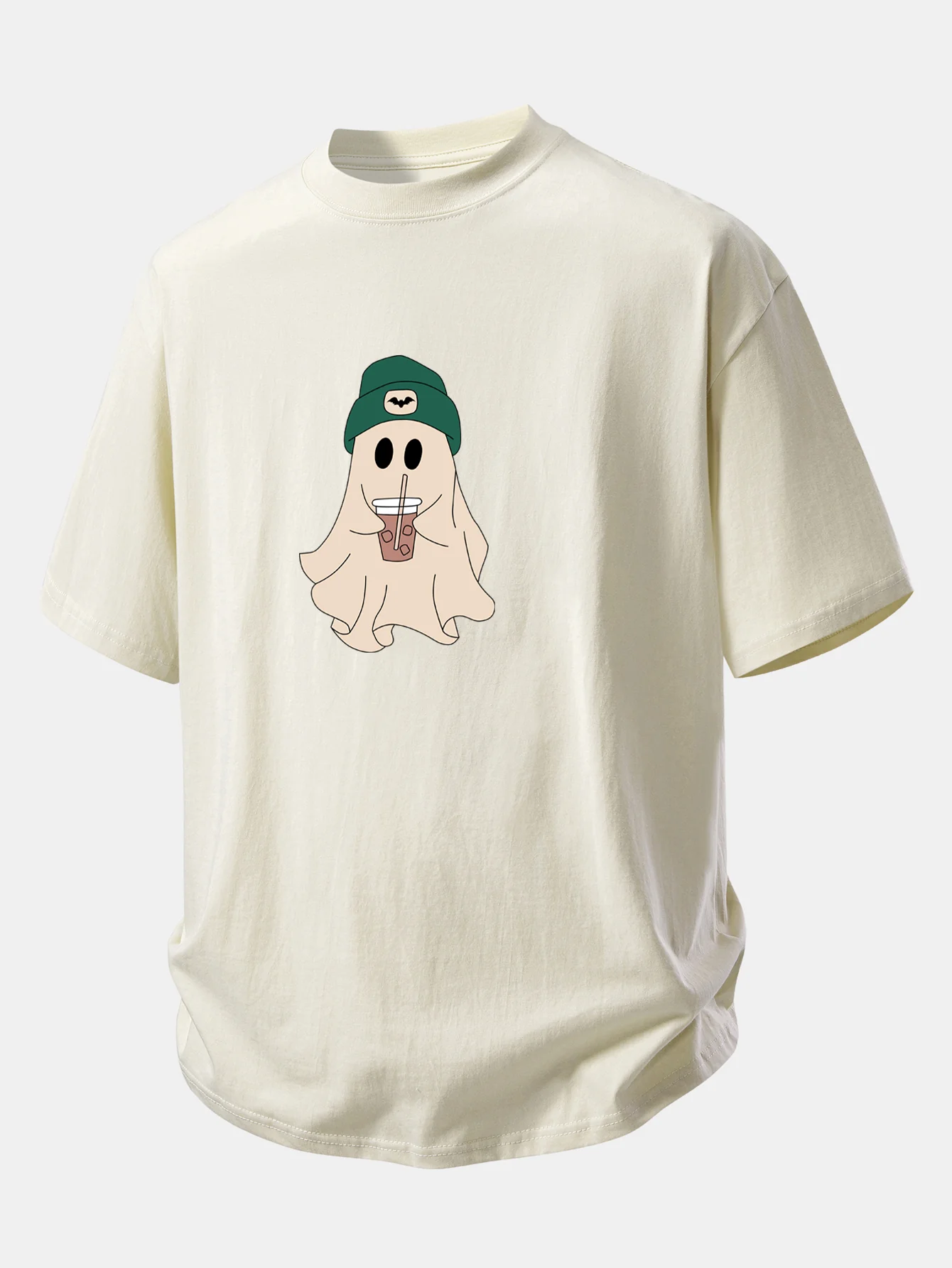 Relax Fit Darkgreen Hat Ghost Print Cotton T-Shirt - Image 12