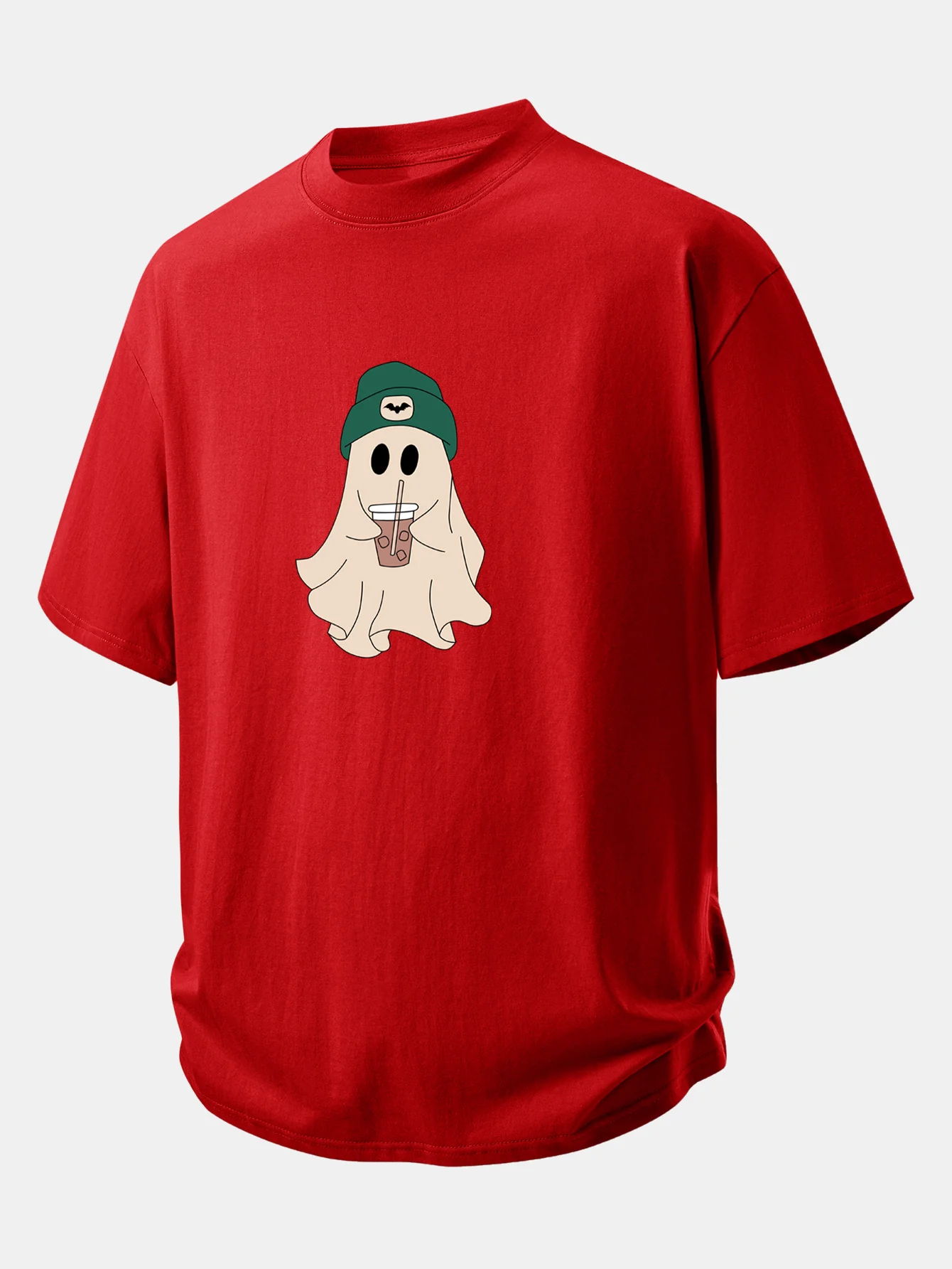 Relax Fit Darkgreen Hat Ghost Print Cotton T-Shirt - Image 3