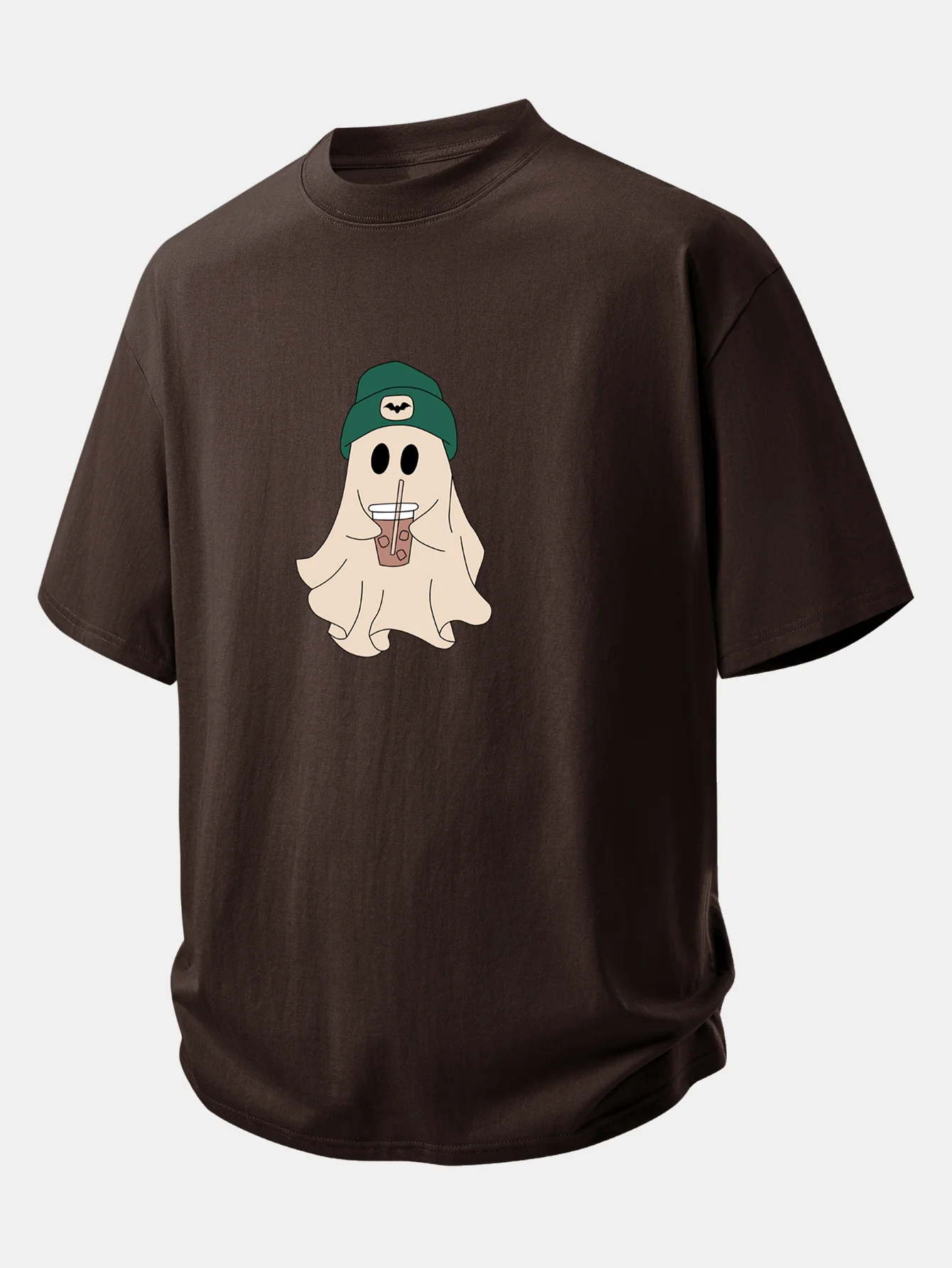 Relax Fit Darkgreen Hat Ghost Print Cotton T-Shirt - Image 4