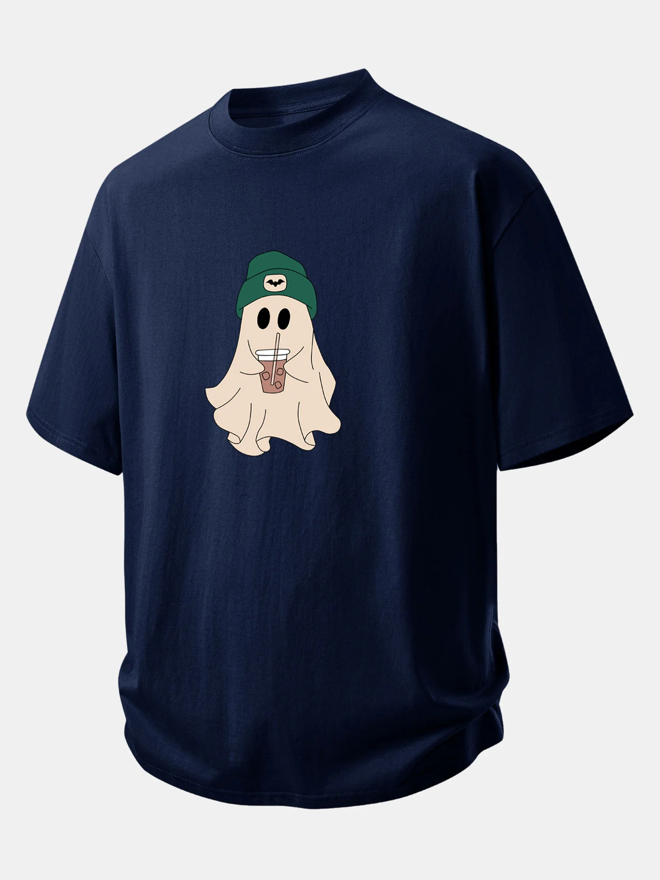 Relax Fit Darkgreen Hat Ghost Print Cotton T-Shirt - Image 6