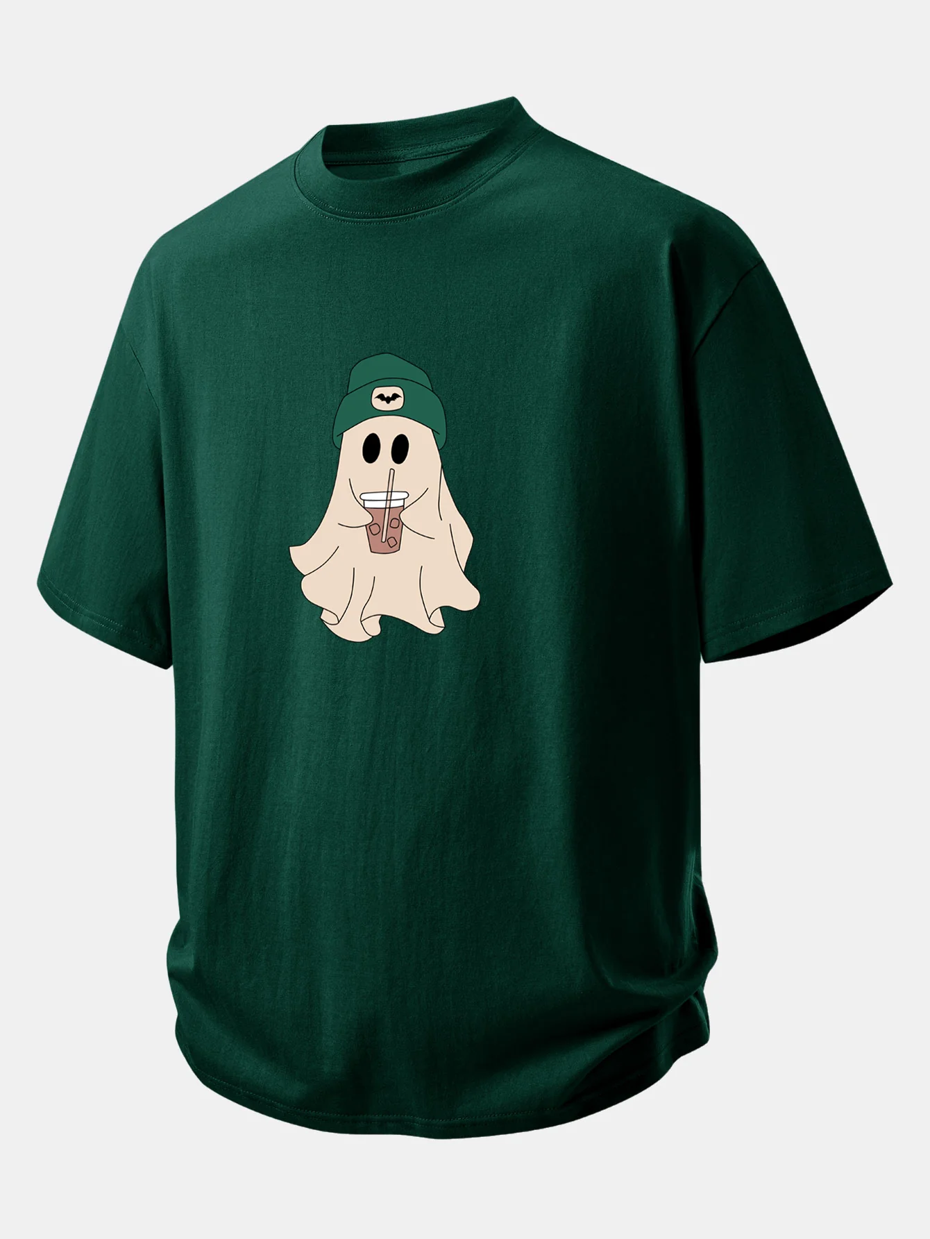Relax Fit Darkgreen Hat Ghost Print Cotton T-Shirt - Image 7