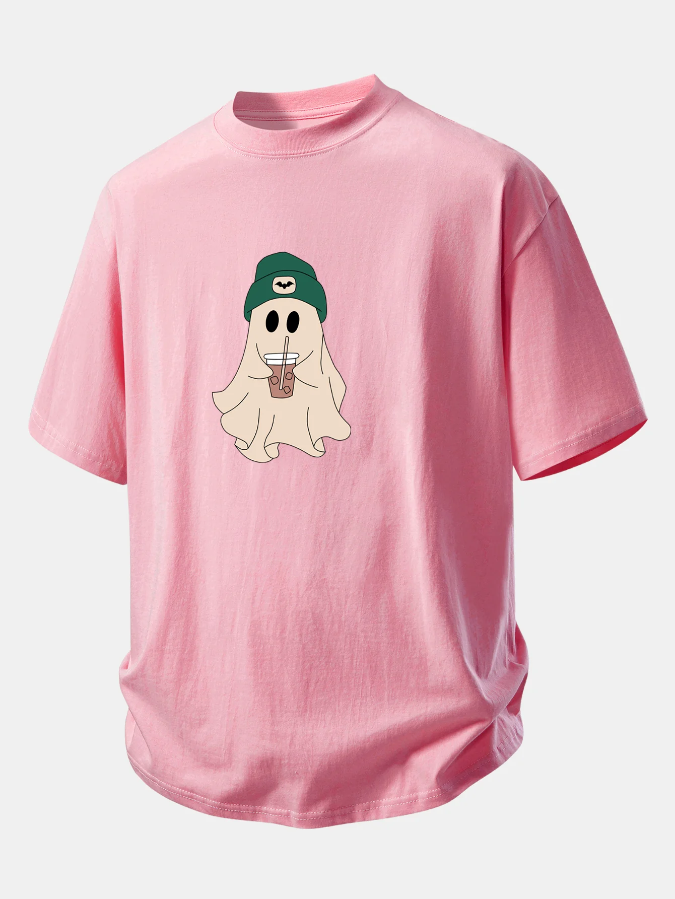 Relax Fit Darkgreen Hat Ghost Print Cotton T-Shirt - Image 9