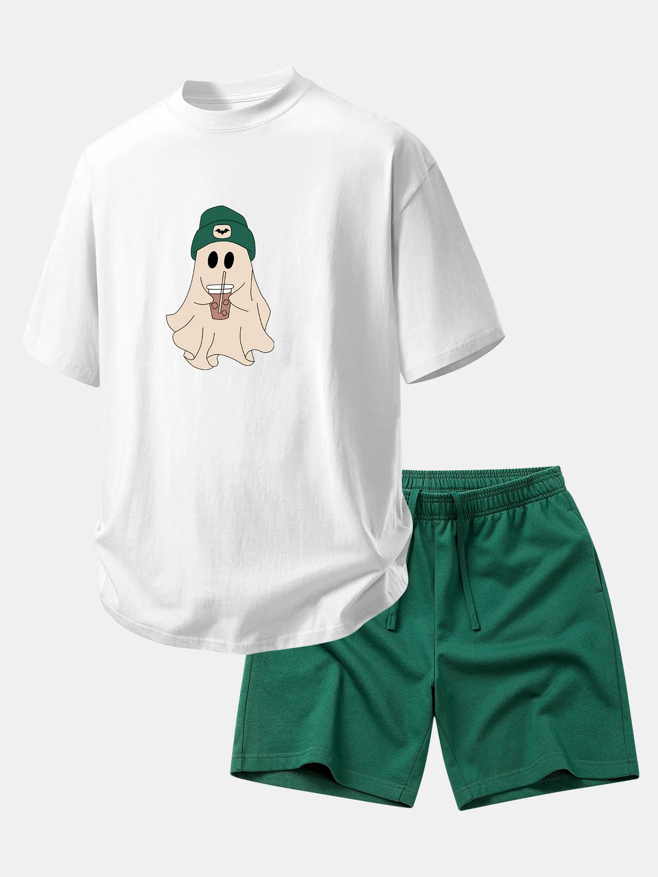 Relax Fit Darkgreen Hat Ghost Print Cotton T-Shirt & Cotton Drawstring 7" Shorts - Image 2
