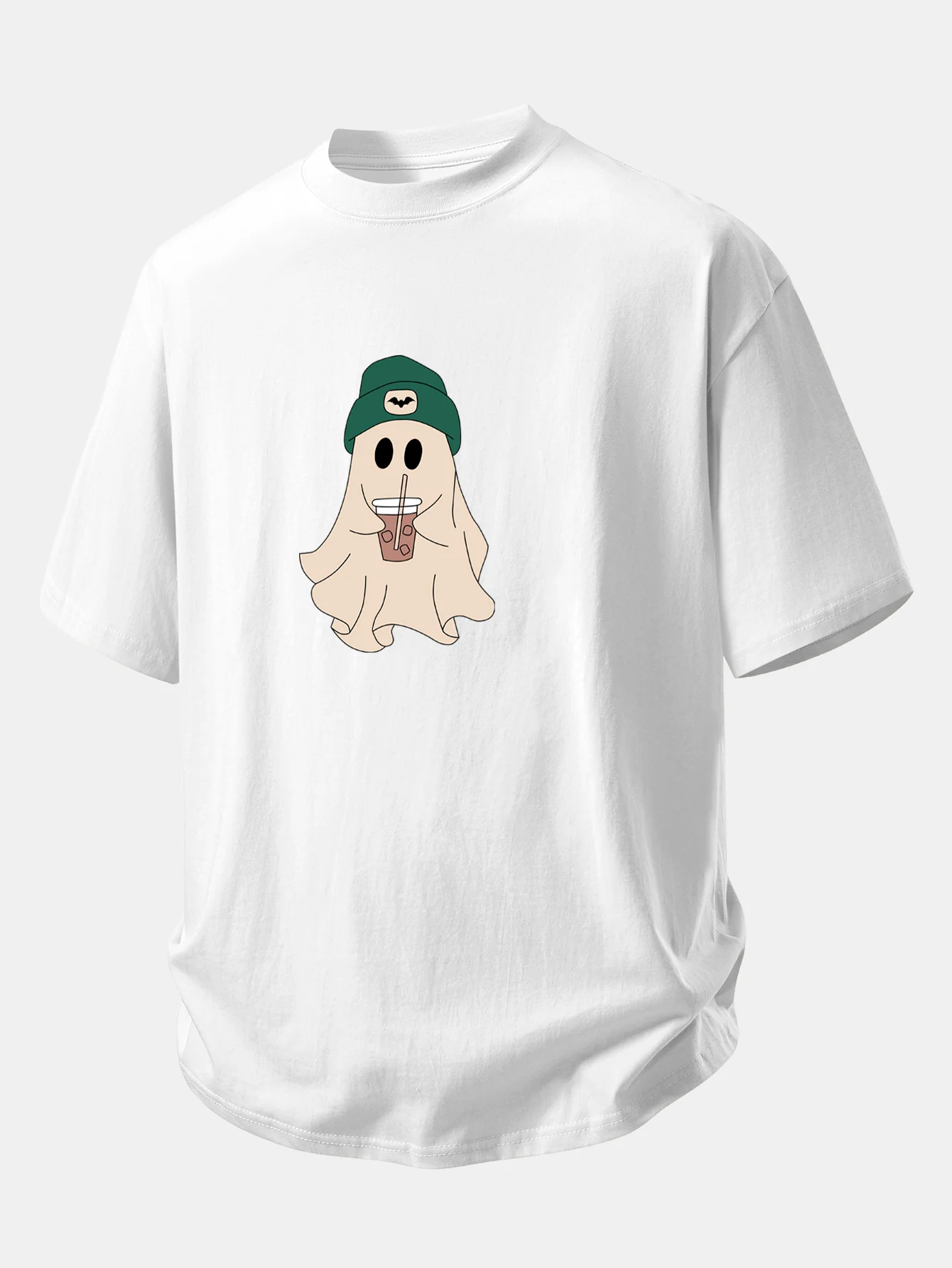 Relax Fit Darkgreen Hat Ghost Print Cotton T-Shirt & Cotton Drawstring 7" Shorts - Image 4