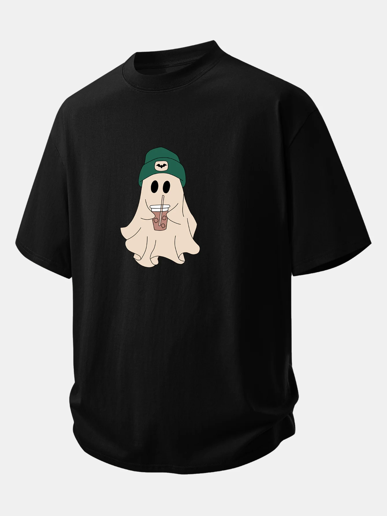 Relax Fit Darkgreen Hat Ghost Print Cotton T-Shirt & Cotton Drawstring 7" Shorts - Image 5