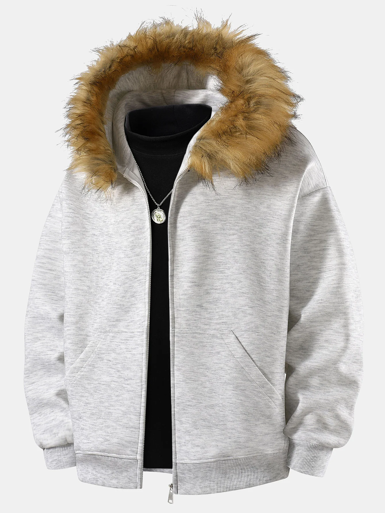 Locker sitzende Kapuzenjacke mit Reißverschluss und Kunstpelzkragen - Image 3