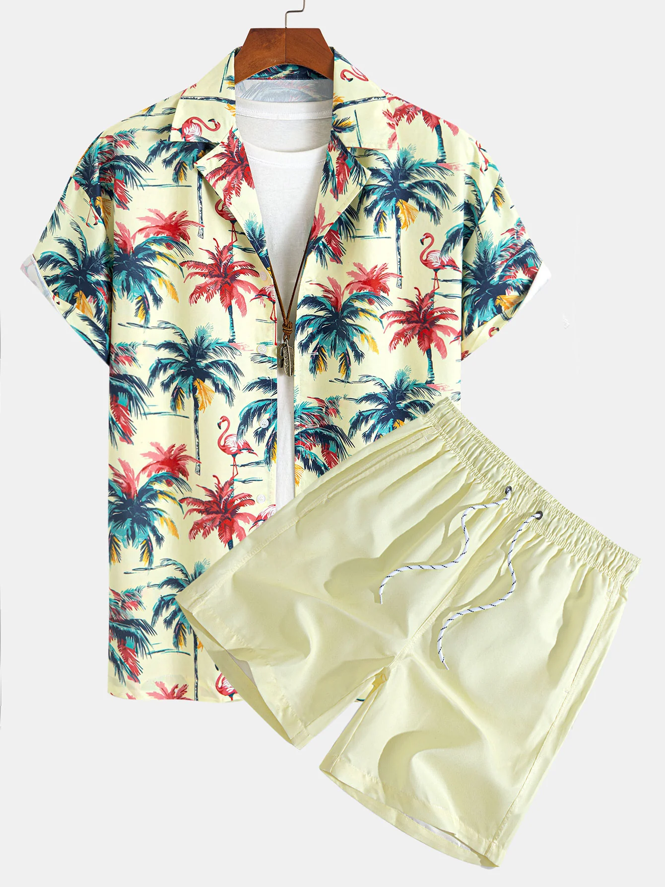 Relax Fit Flamingo Tropical Palm Tree Print Knopf Hemd und Bad kurz