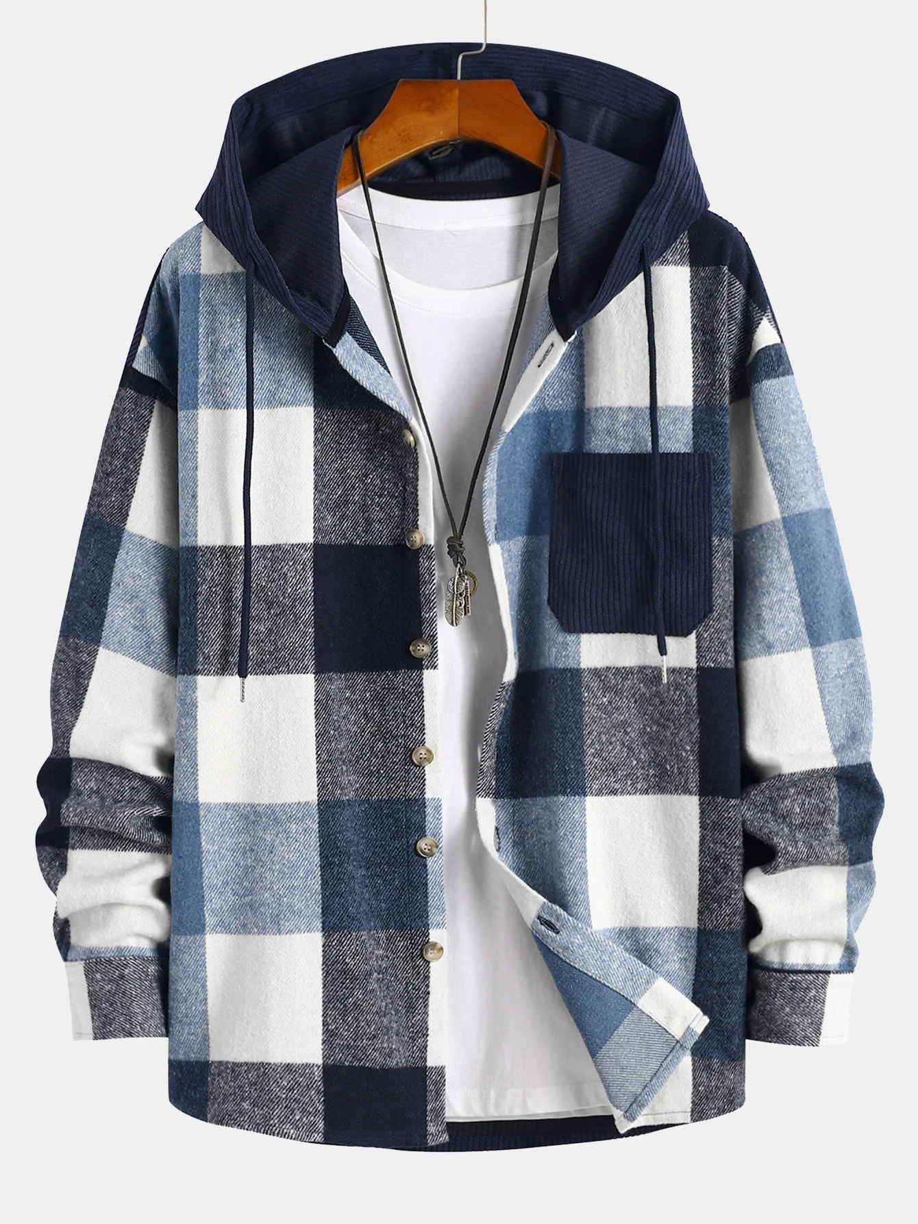 Entspanntes Flanell-Karomuster Corduroy Patchwork Kapuzenhemd - Image 3