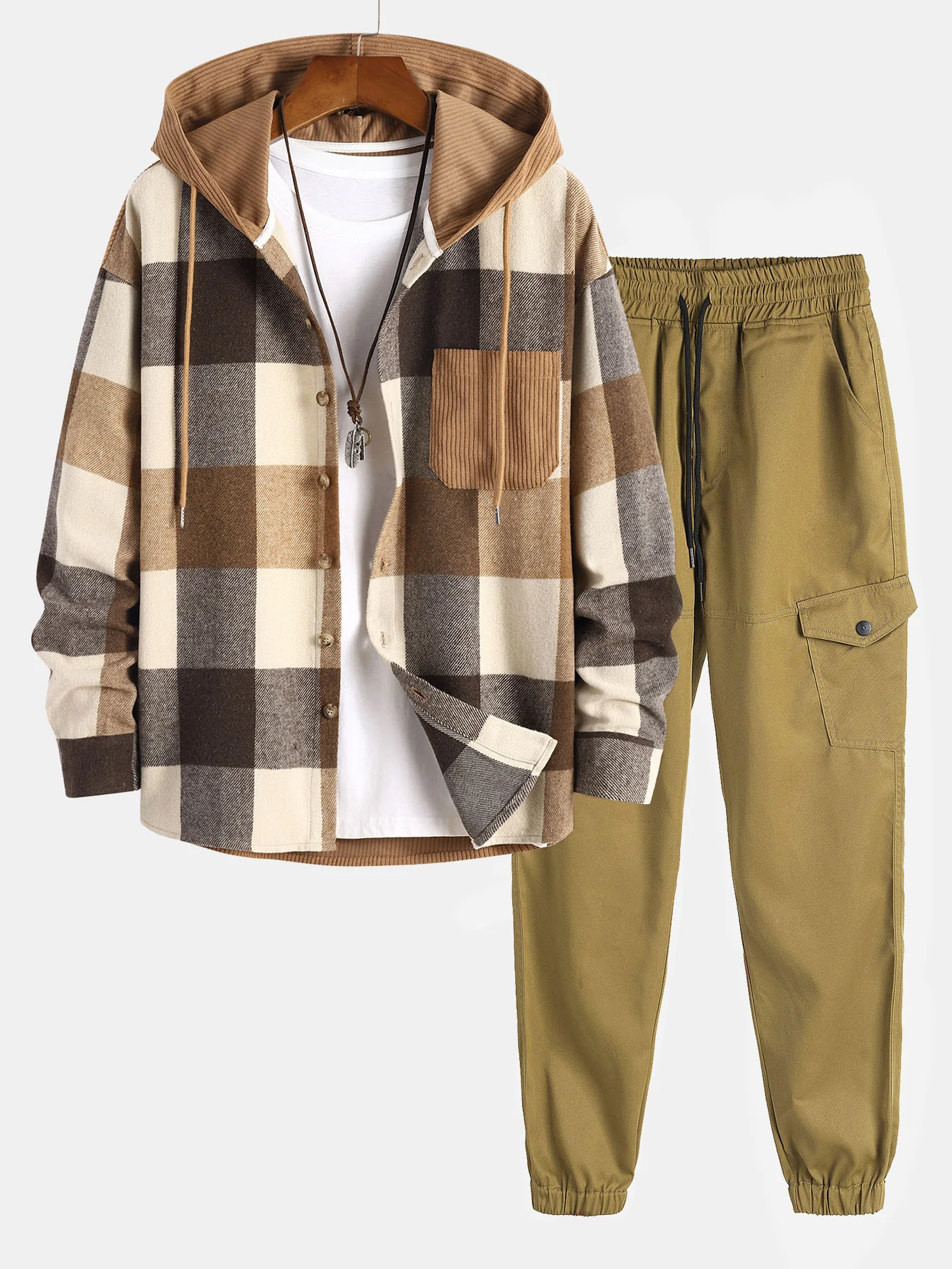 Entspannt geschnittenes Flanell-Karomuster Corduroy Patchwork Kapuzenhemd & Chino Cargo Jogginghosen