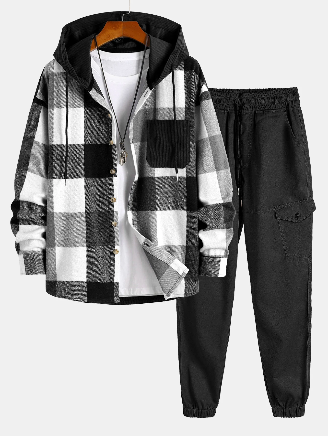 Entspannt geschnittenes Flanell-Karomuster Corduroy Patchwork Kapuzenhemd & Chino Cargo Jogginghosen - Image 2