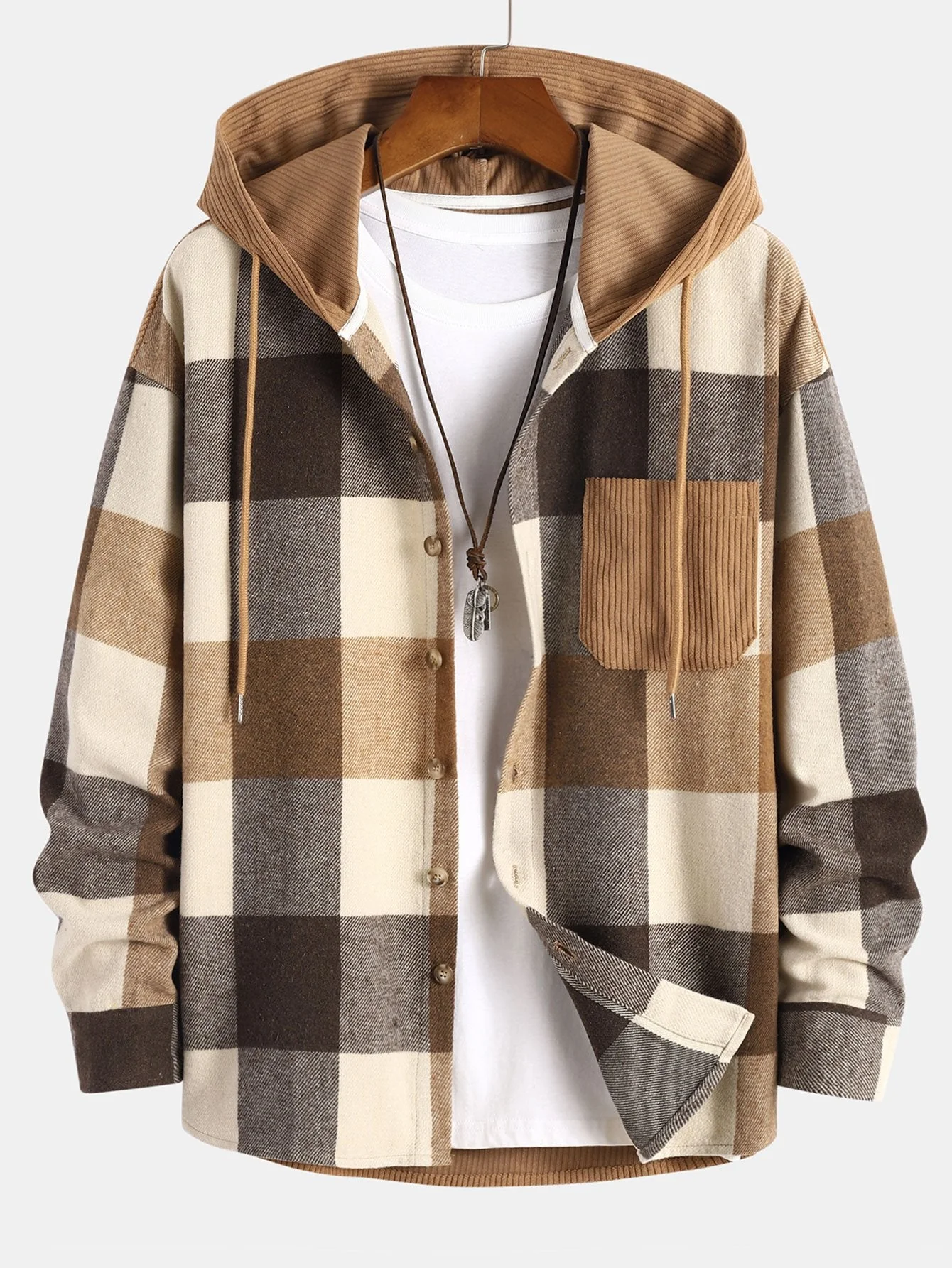 Entspannt geschnittenes Flanell-Karomuster Corduroy Patchwork Kapuzenhemd & Chino Cargo Jogginghosen - Image 3