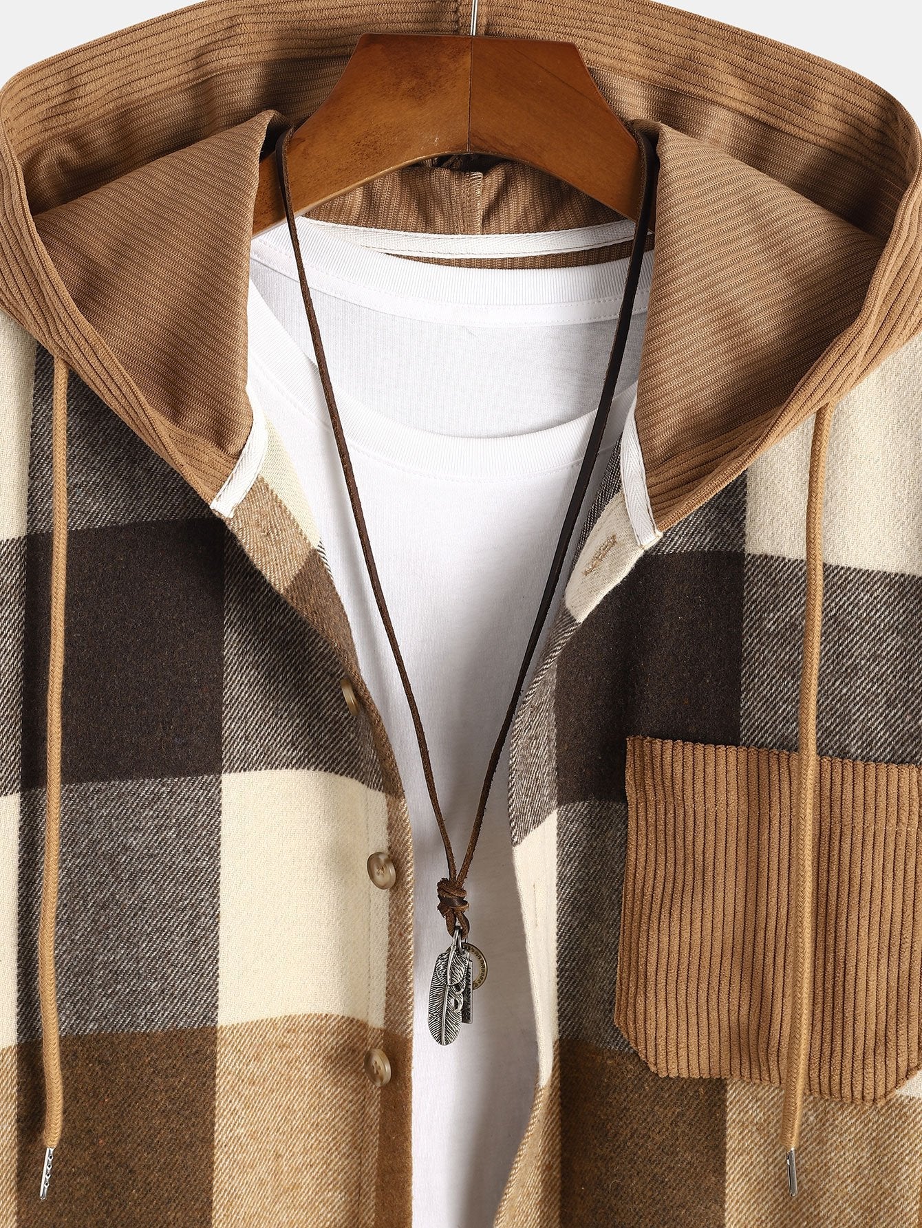 Entspanntes Flanell-Karomuster Corduroy Patchwork Kapuzenhemd & Corduroy Jogginghose - Image 14