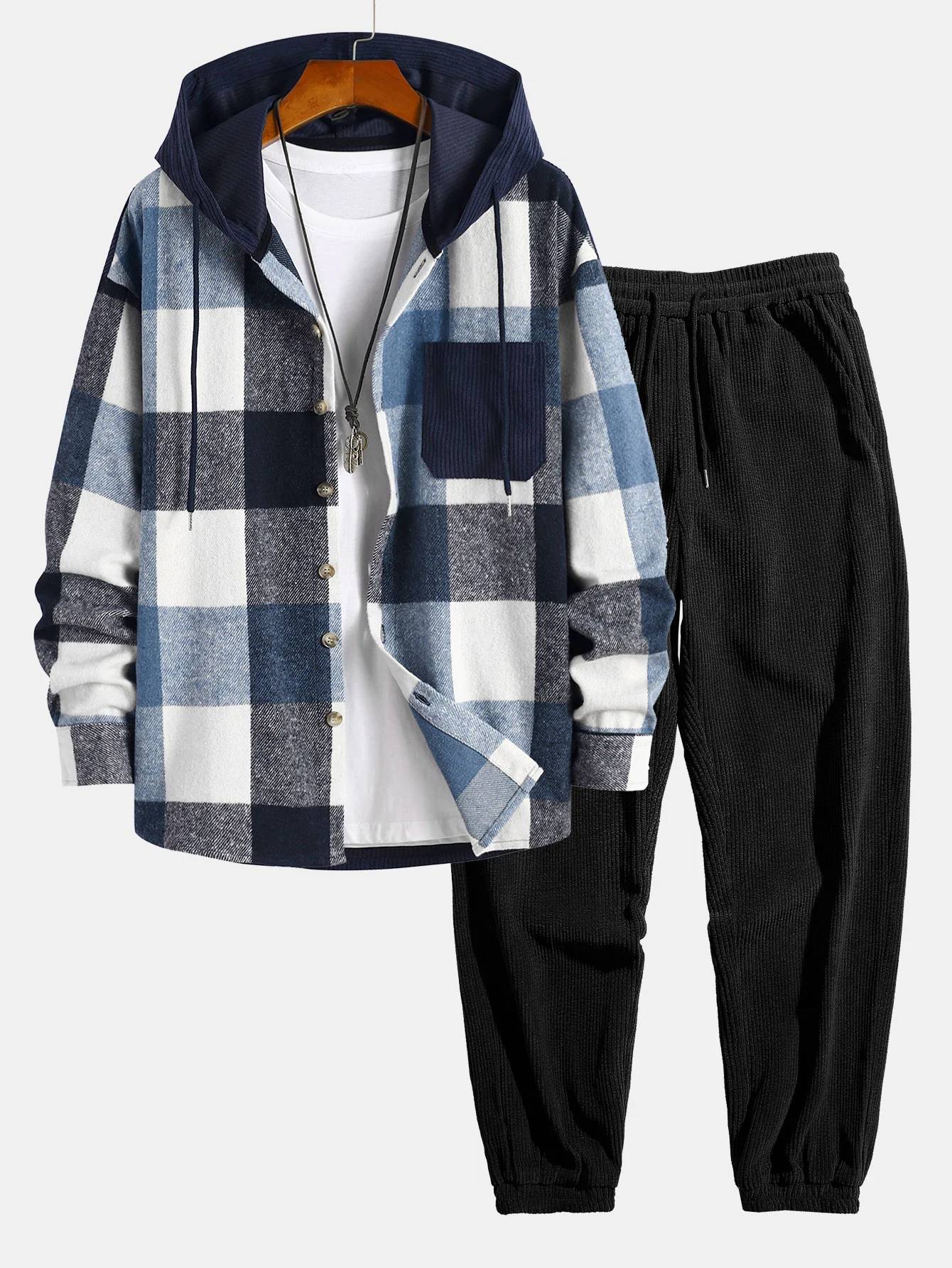 Entspanntes Flanell-Karomuster Corduroy Patchwork Kapuzenhemd & Corduroy Jogginghose - Image 2