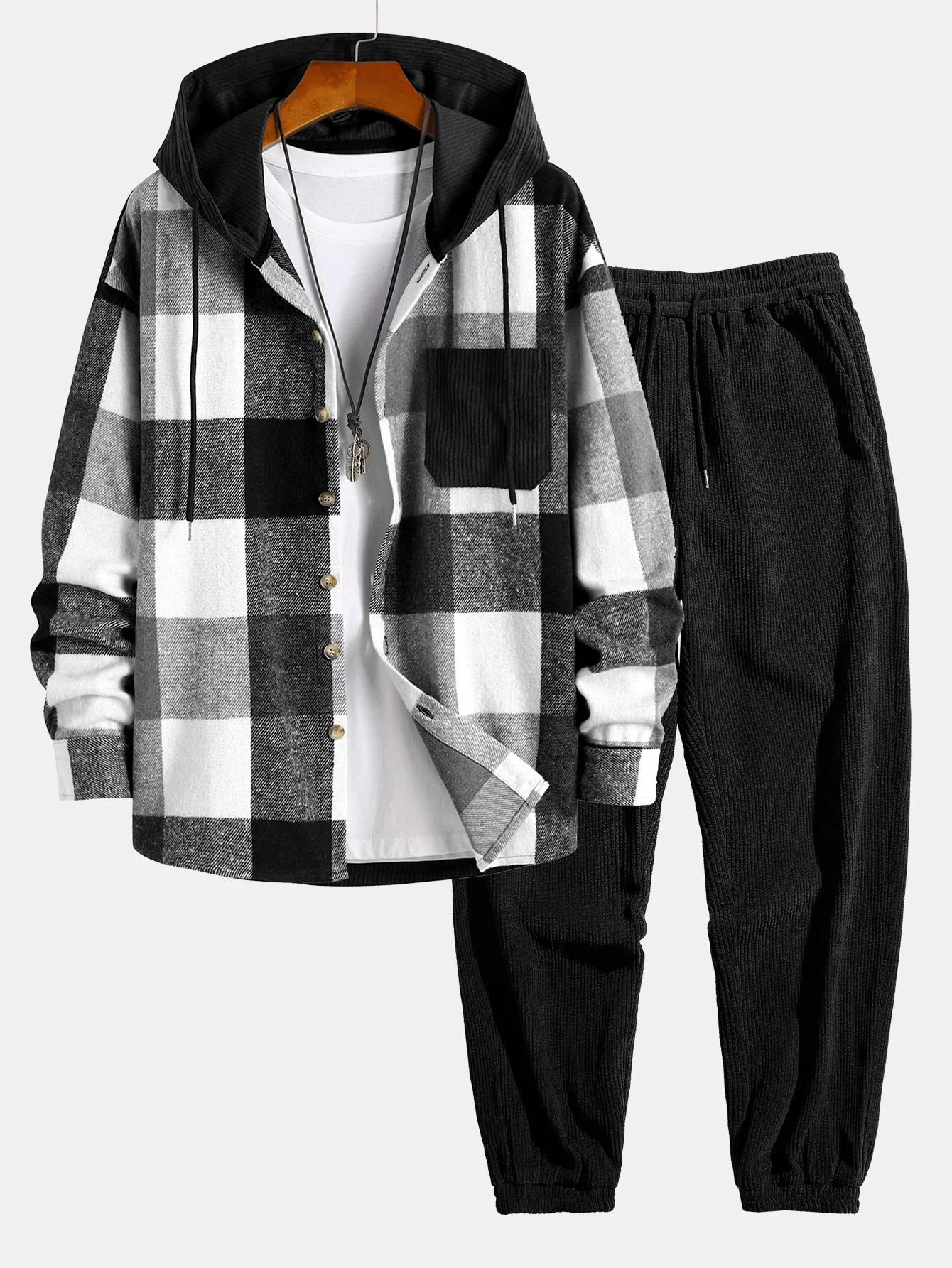 Entspanntes Flanell-Karomuster Corduroy Patchwork Kapuzenhemd & Corduroy Jogginghose - Image 3