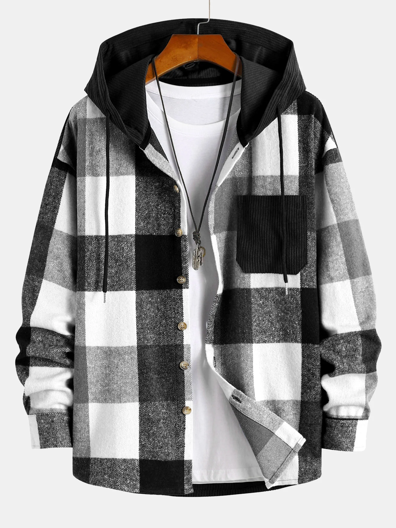 Entspanntes Flanell-Karomuster Corduroy Patchwork Kapuzenhemd & Corduroy Jogginghose - Image 8