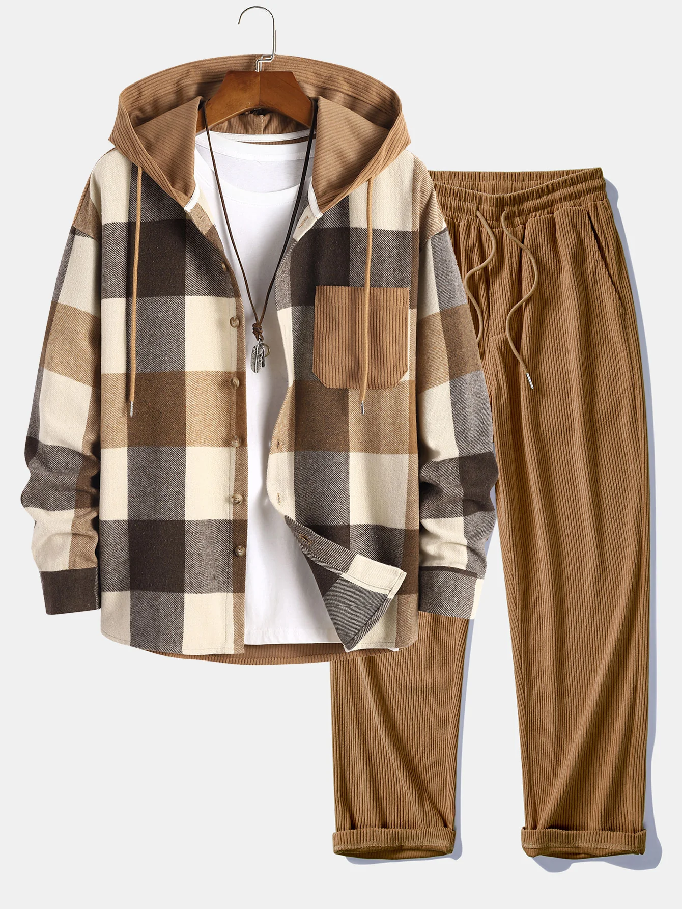Locker sitzendes Flanell-Karo-Cord-Patchwork-Hemd mit Kapuze & Cordhose mit geradem Bein