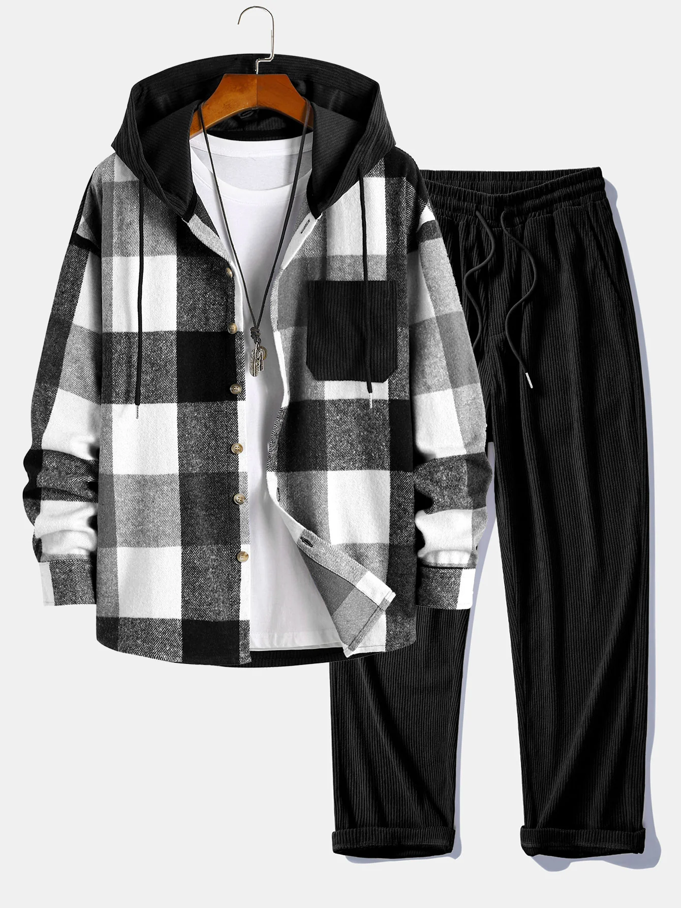 Locker sitzendes Flanell-Karo-Cord-Patchwork-Hemd mit Kapuze & Cordhose mit geradem Bein - Image 2
