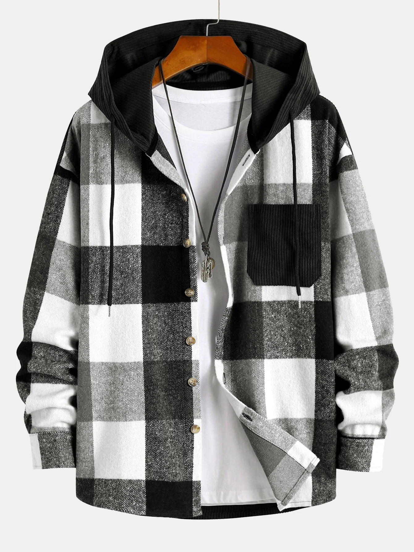 Locker sitzendes Flanell-Karo-Cord-Patchwork-Hemd mit Kapuze & Cordhose mit geradem Bein - Image 5
