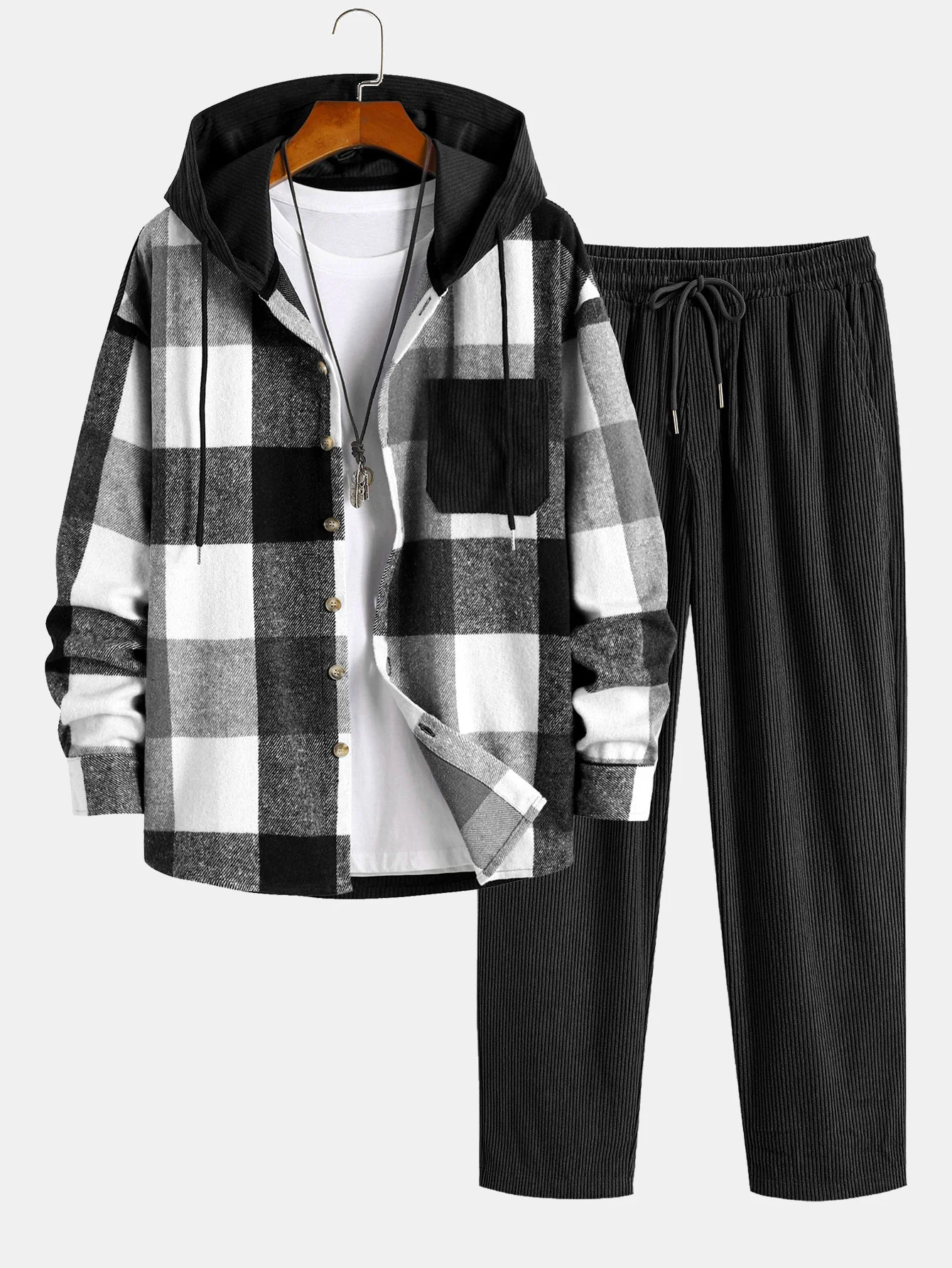 Entspannt geschnittenes Flanell-Karomuster Corduroy-Patchwork-Hemd & gerade geschnittene Corduroy-Hose - Image 2