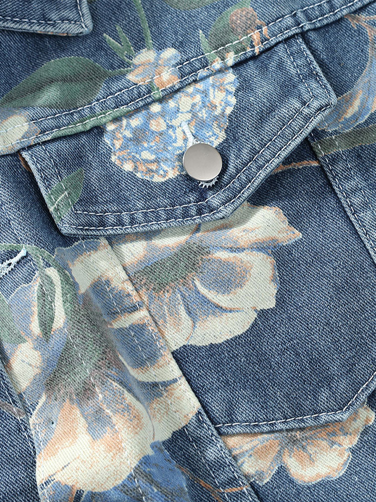 Locker sitzende Jeansjacke mit Blumenmuster und Used-Look - Image 4
