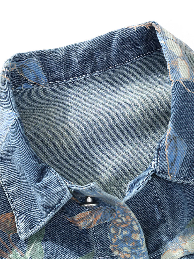 Locker sitzende Jeansjacke mit Blumenmuster und Used-Look - Image 6