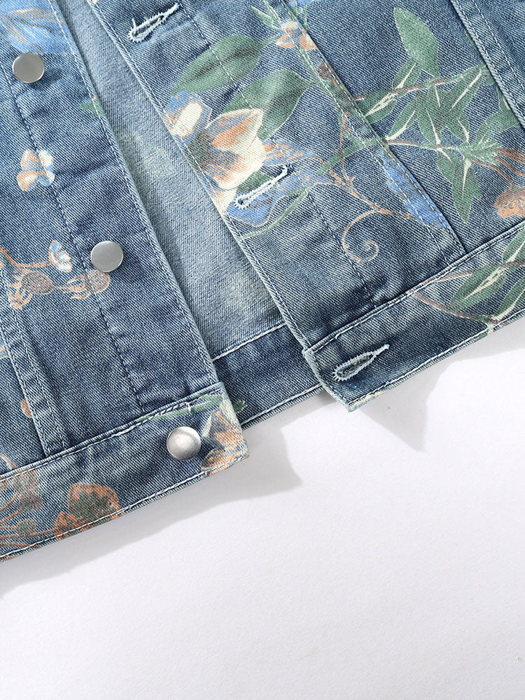 Locker sitzende Jeansjacke mit Blumenmuster und Used-Look - Image 8