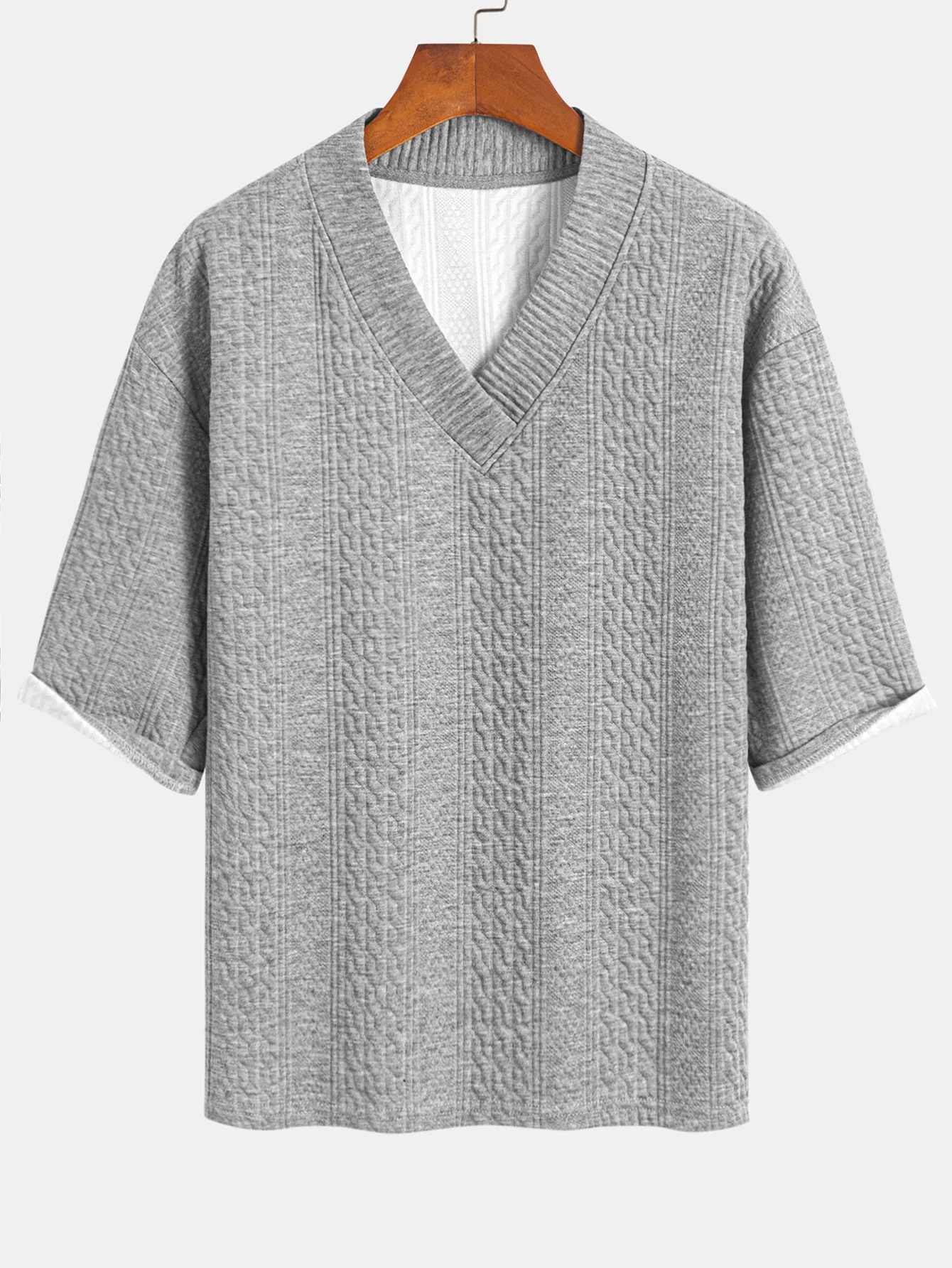 Relaxed Fit geometrisches Jacquard T-Shirt mit V-Ausschnitt und Dreiviertelärmeln & Shorts - Image 11