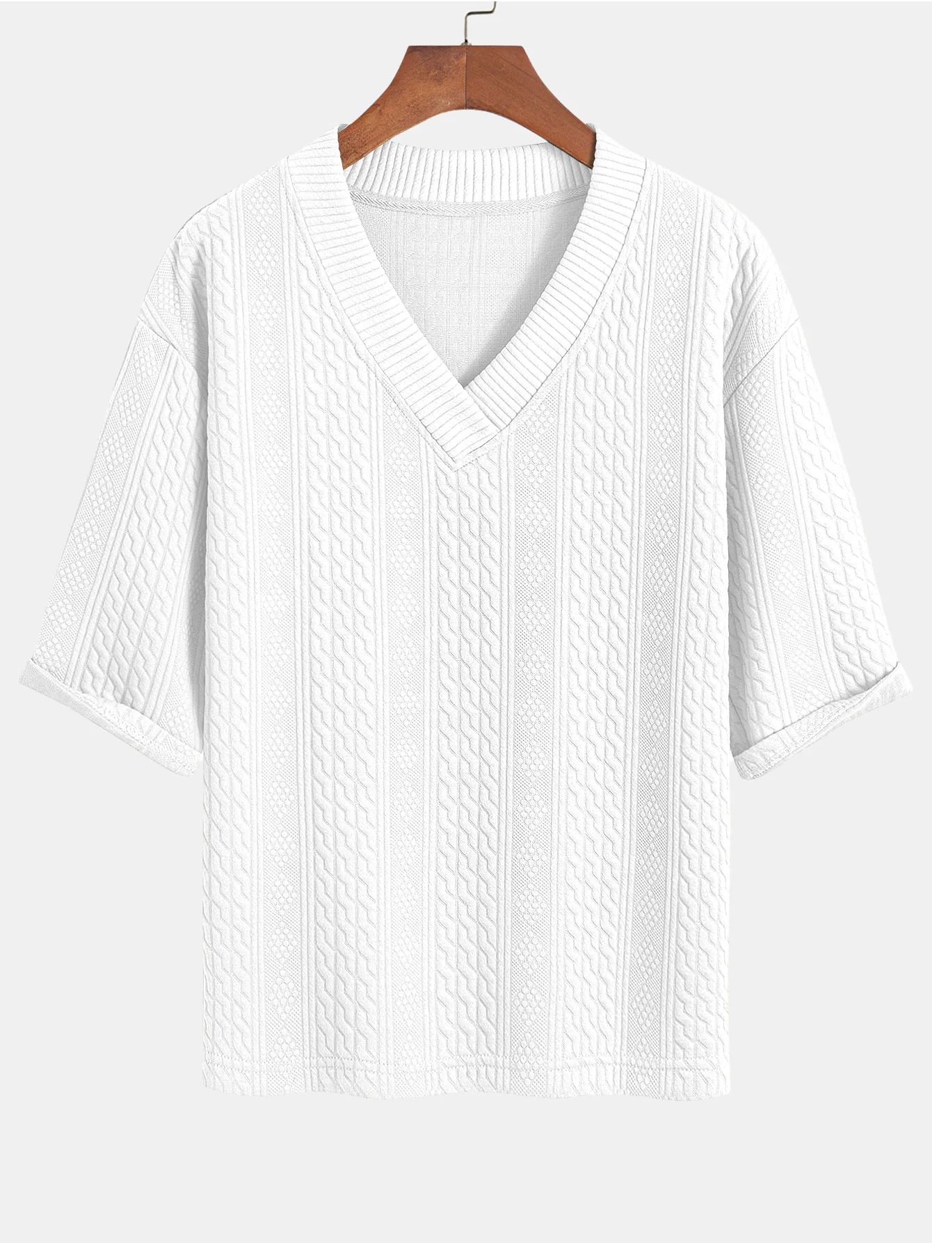 Relaxed Fit geometrisches Jacquard T-Shirt mit V-Ausschnitt und Dreiviertelärmeln & Shorts - Image 13