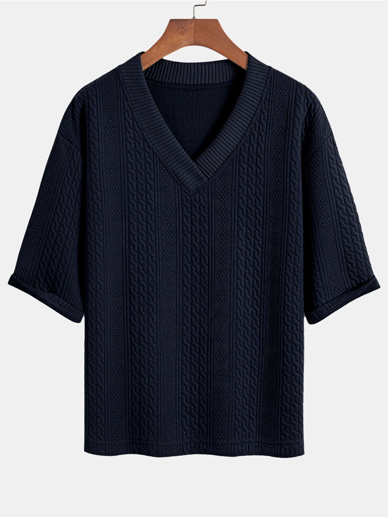 Relaxed Fit geometrisches Jacquard T-Shirt mit V-Ausschnitt und Dreiviertelärmeln & Shorts - Image 15