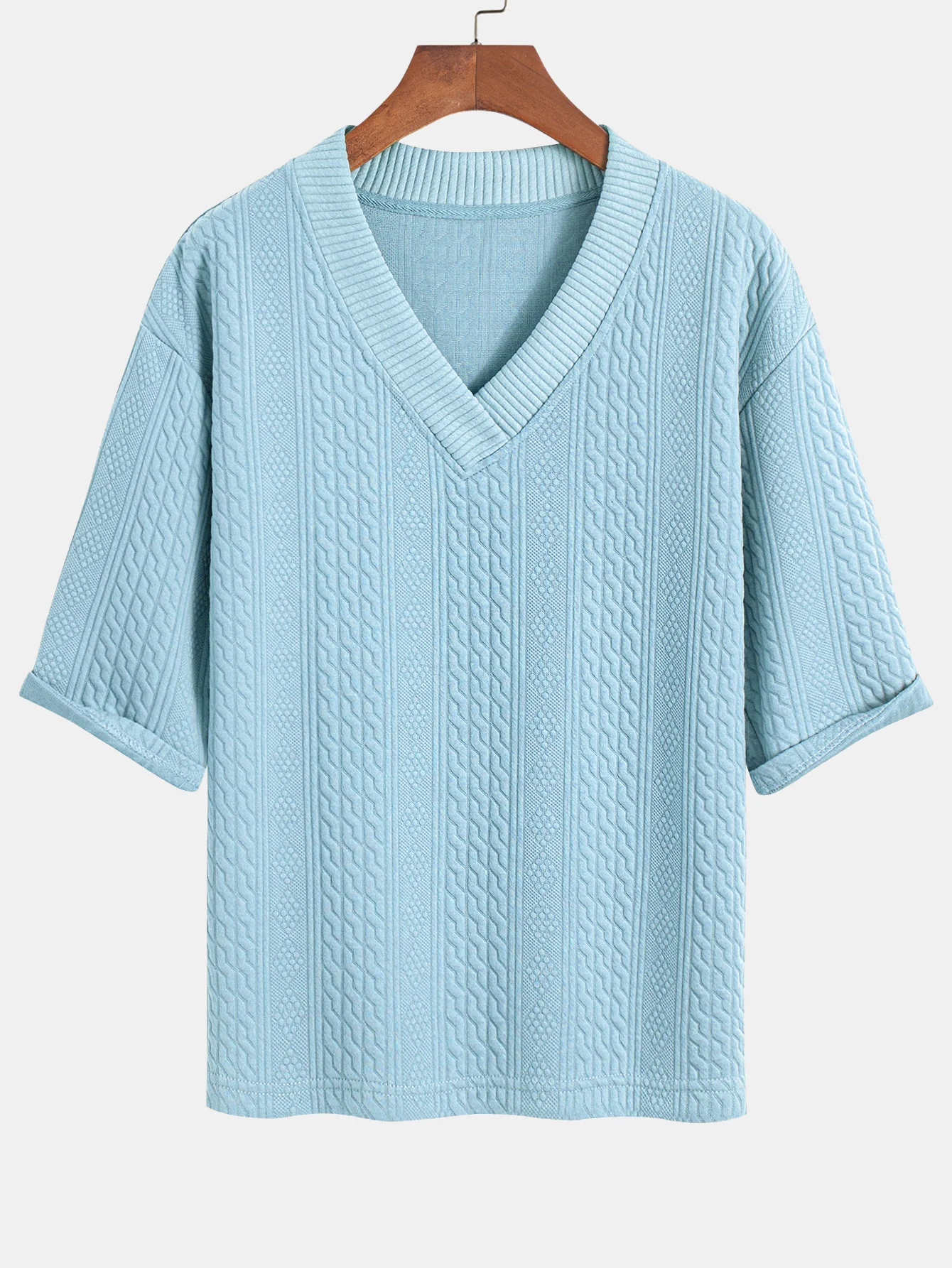 Relaxed Fit geometrisches Jacquard T-Shirt mit V-Ausschnitt und Dreiviertelärmeln & Shorts - Image 17