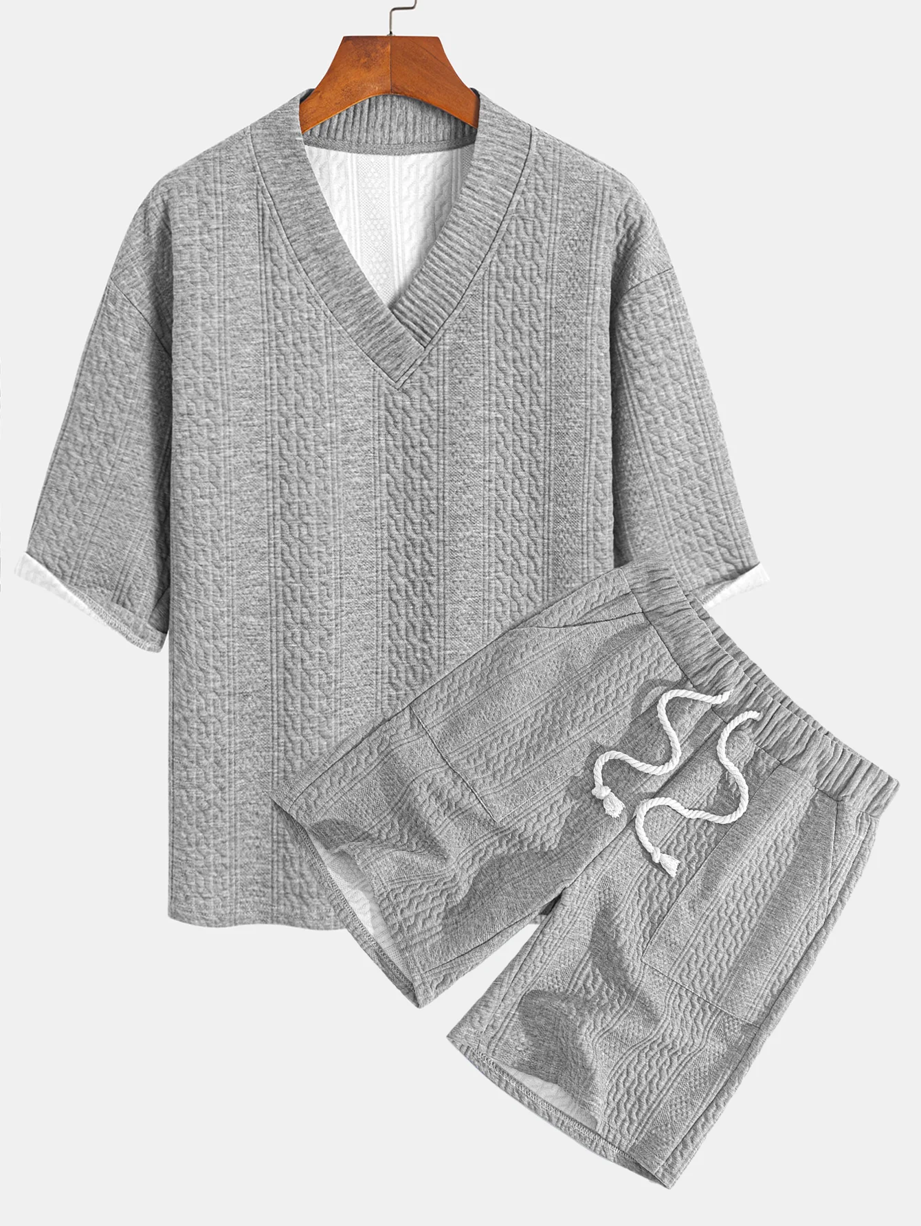 Relaxed Fit geometrisches Jacquard T-Shirt mit V-Ausschnitt und Dreiviertelärmeln & Shorts - Image 3