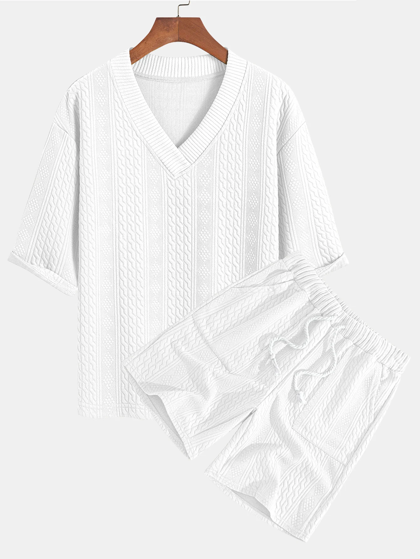 Relaxed Fit geometrisches Jacquard T-Shirt mit V-Ausschnitt und Dreiviertelärmeln & Shorts - Image 4