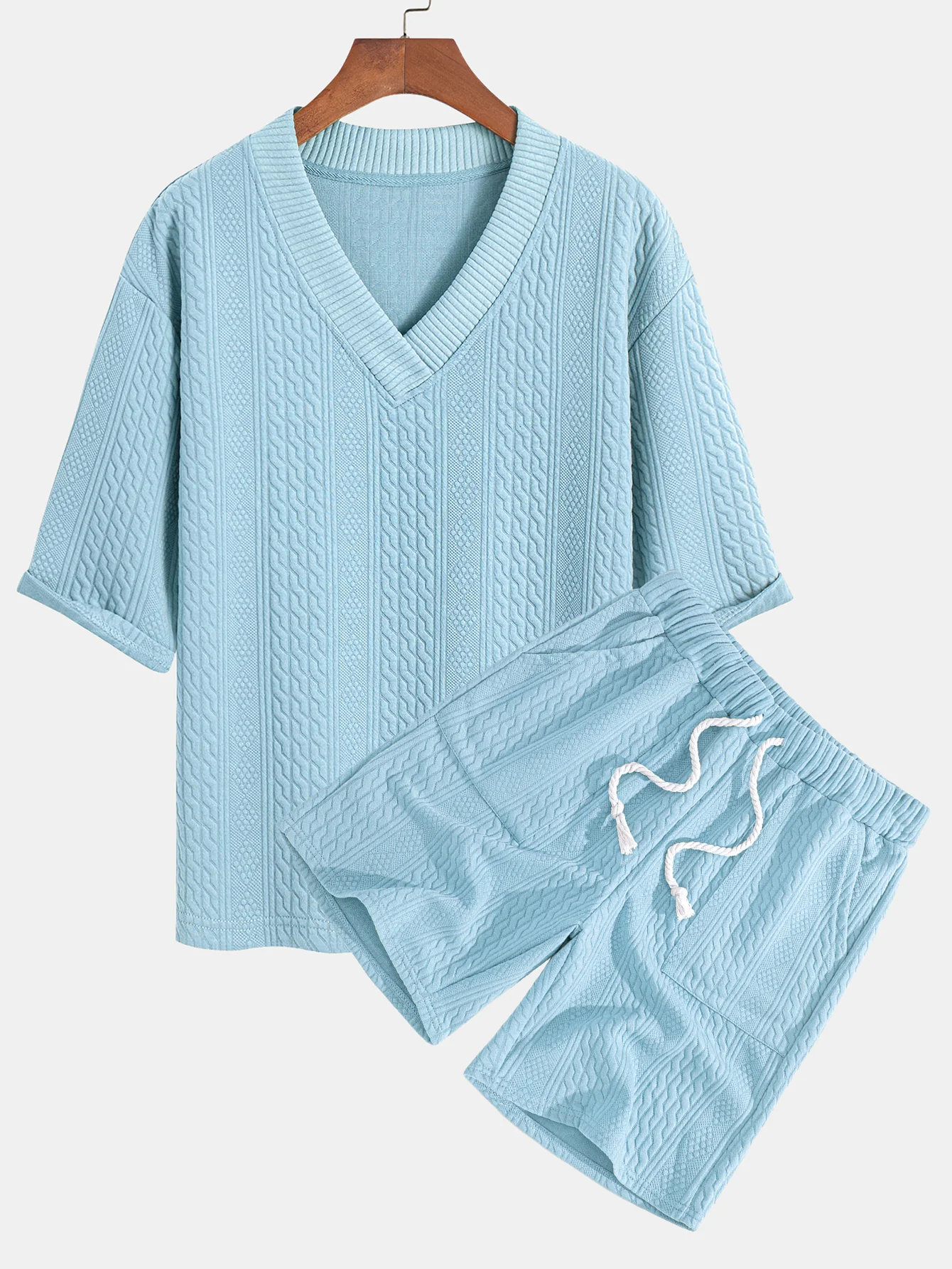 Relaxed Fit geometrisches Jacquard T-Shirt mit V-Ausschnitt und Dreiviertelärmeln & Shorts - Image 6