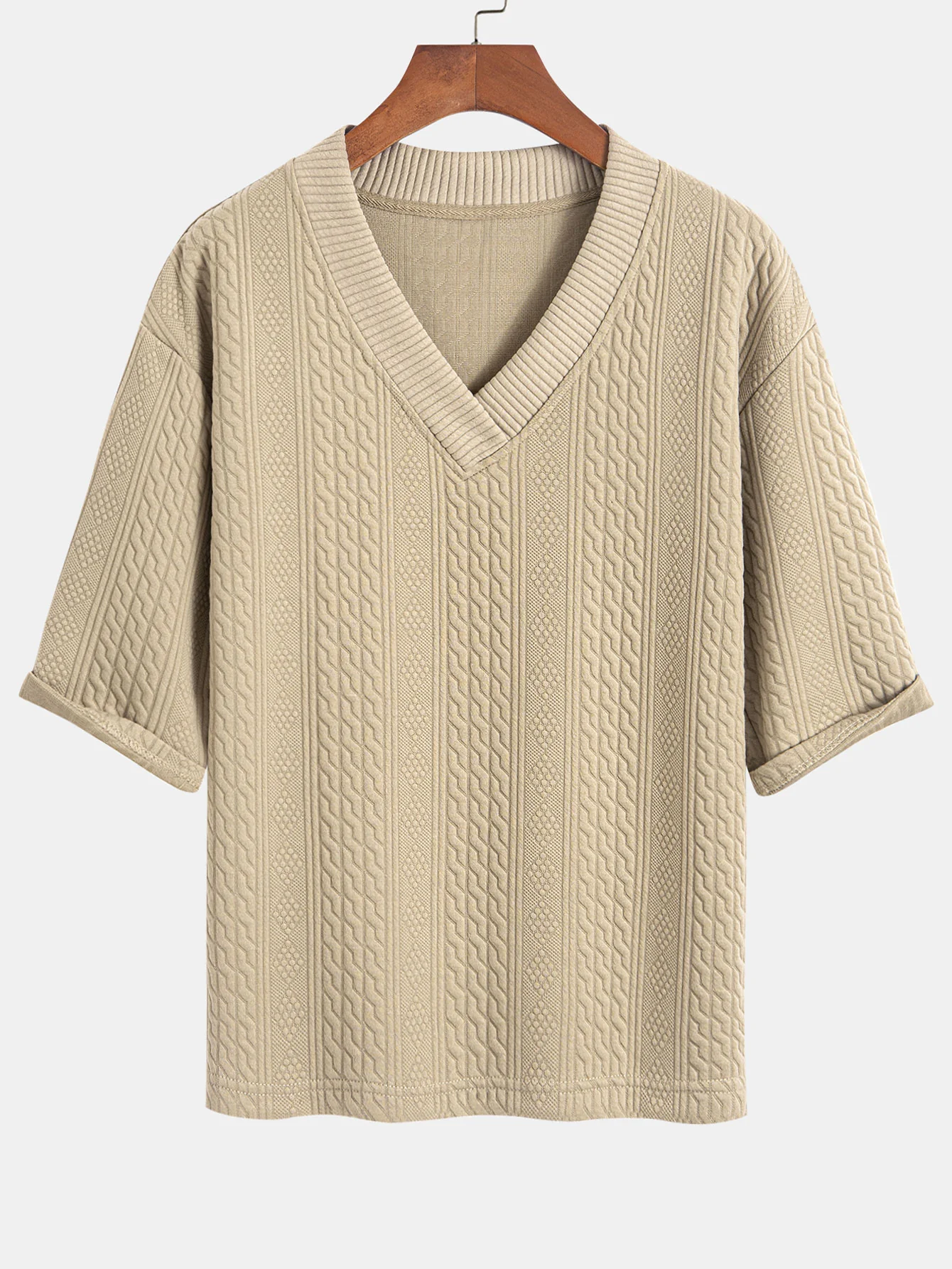 Relaxed Fit geometrisches Jacquard T-Shirt mit V-Ausschnitt und Dreiviertelärmeln & Shorts - Image 7