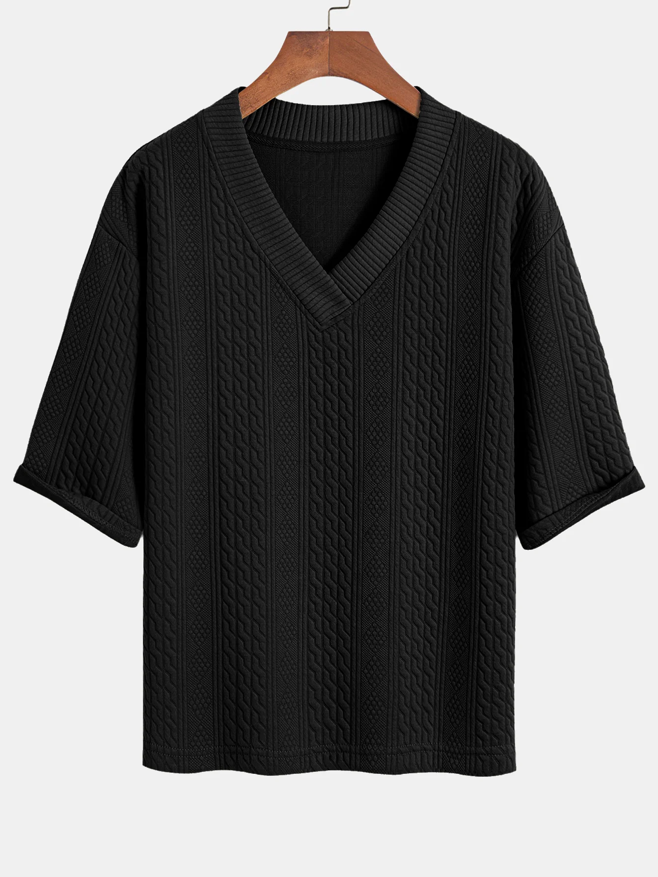 Relaxed Fit geometrisches Jacquard T-Shirt mit V-Ausschnitt und Dreiviertelärmeln & Shorts - Image 9