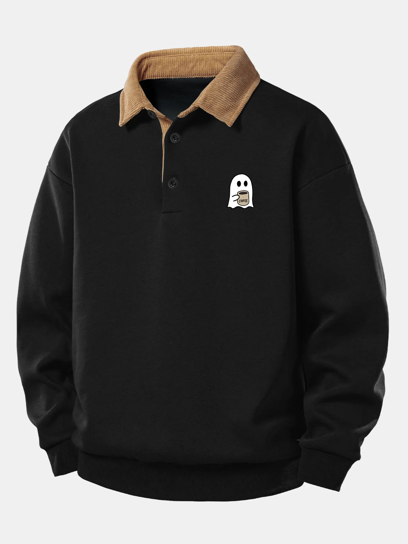Relax Fit Ghost Drinking Coffee Print Contrast Corduroy Polo Collar Sweatshirt - Image 3