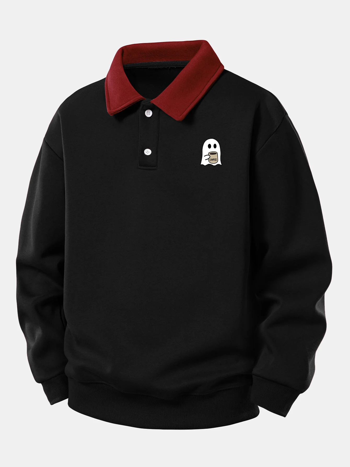 Relax Fit Ghost Drinking Coffee Print Contrast Poloshirts Sweatshirt - Image 7