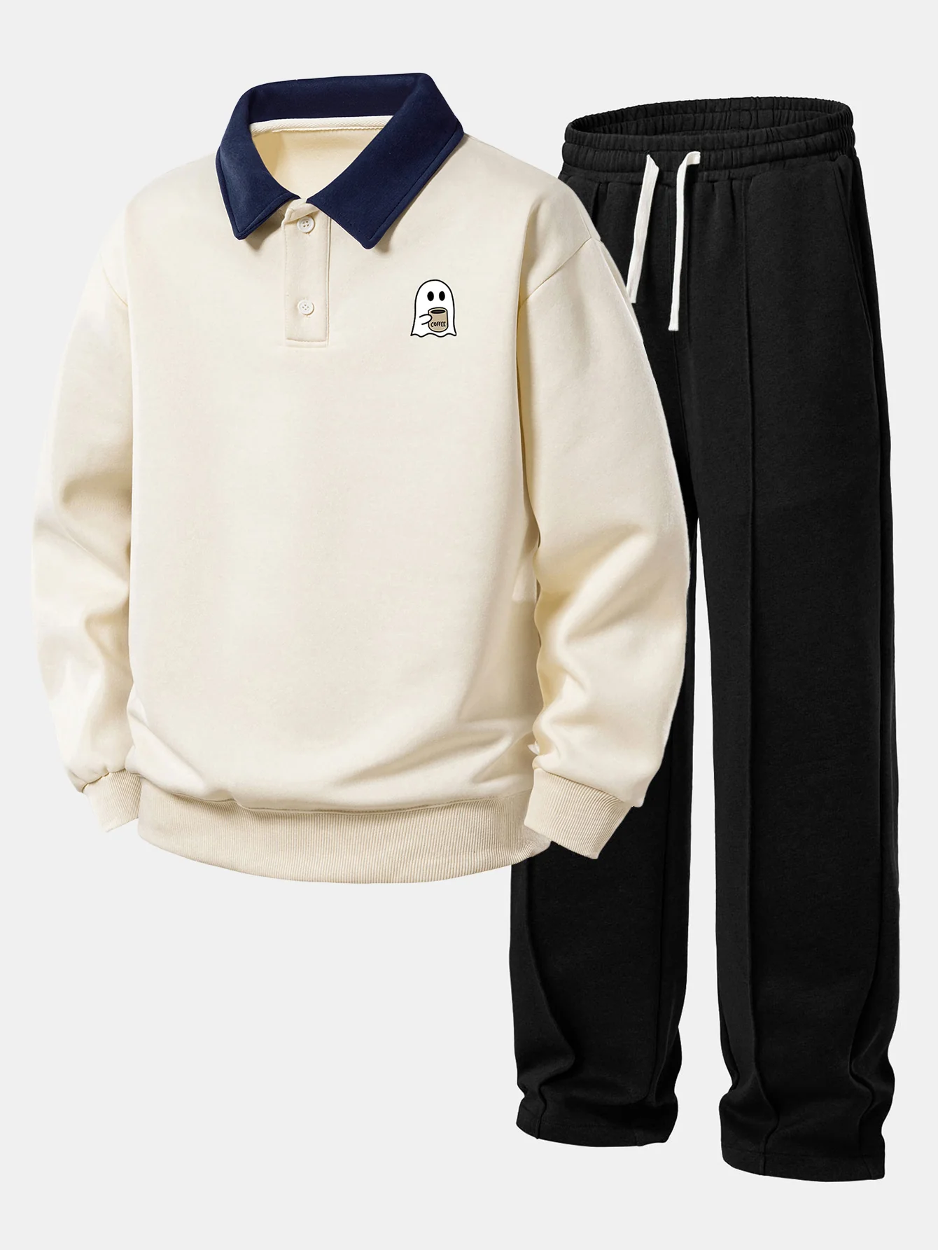 Relax Fit Ghost Drinking Coffee Print Contrast Polo Sweatshirt & Straight Leg Pleated Pintuck Sweatpants - Image 2