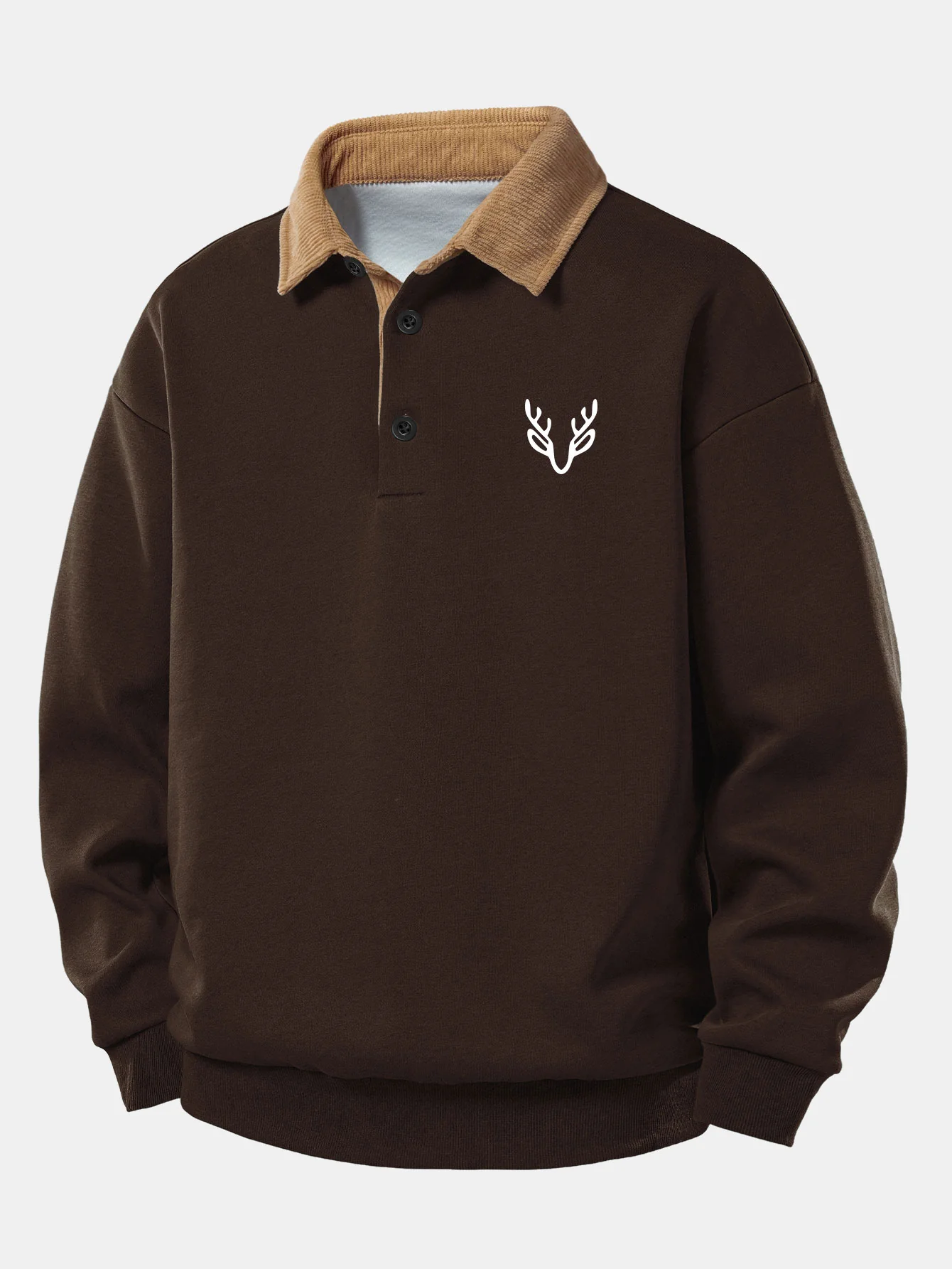 Relax Fit Head Deer Print Contrast Corduroy Polo Collar Sweatshirt