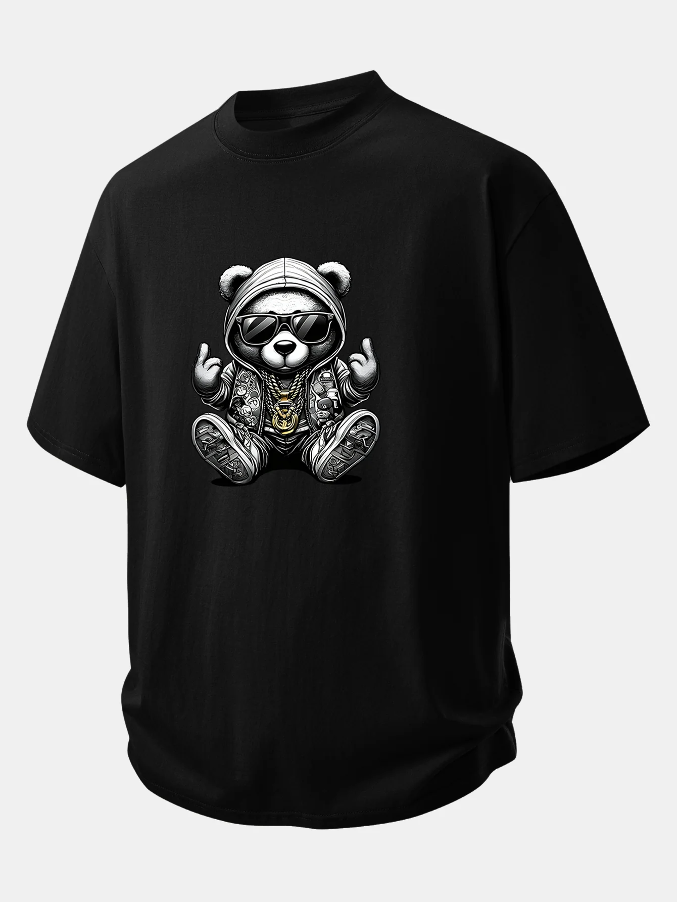 Relax Fit Hip Hop Bear Print Cotton T-Shirt