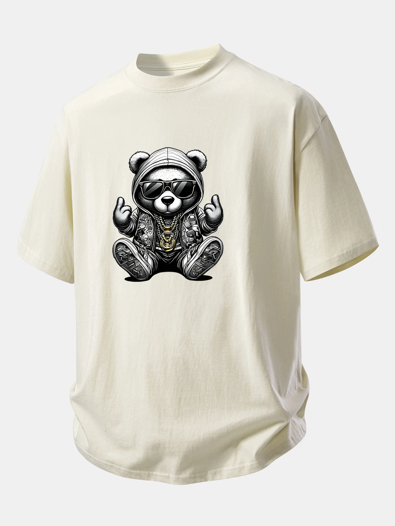 Relax Fit Hip Hop Bear Print Cotton T-Shirt - Image 12