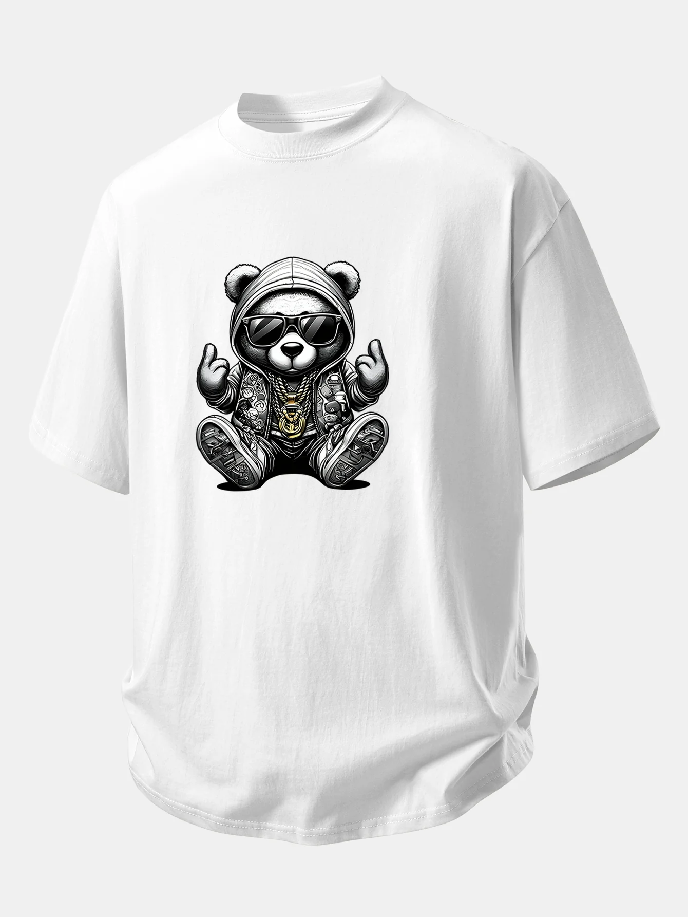 Relax Fit Hip Hop Bear Print Cotton T-Shirt - Image 3