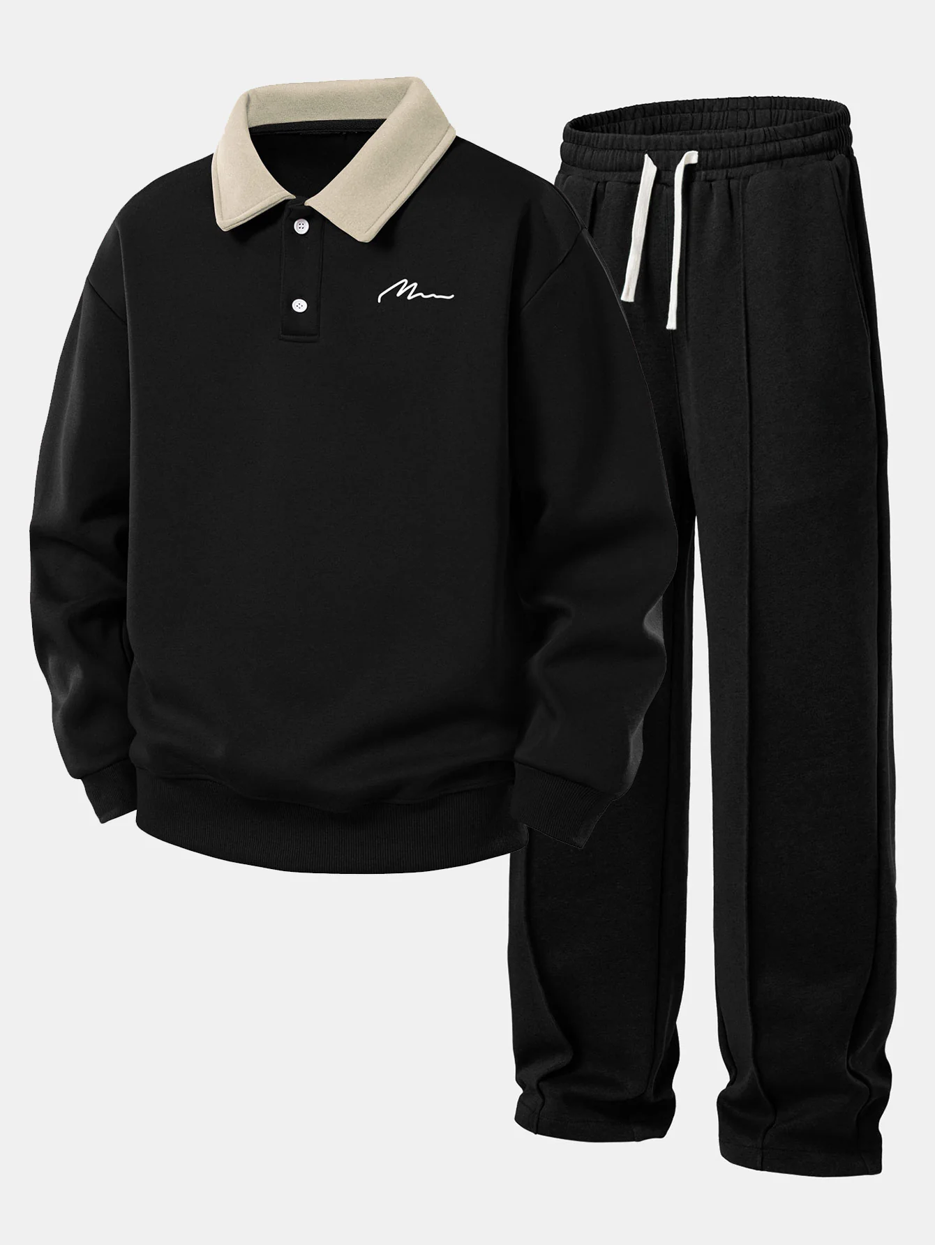 Relax Fit Letter Print Contrast Polo Sweatshirt & Straight Leg Pleated Pintuck Sweatpants - Image 2