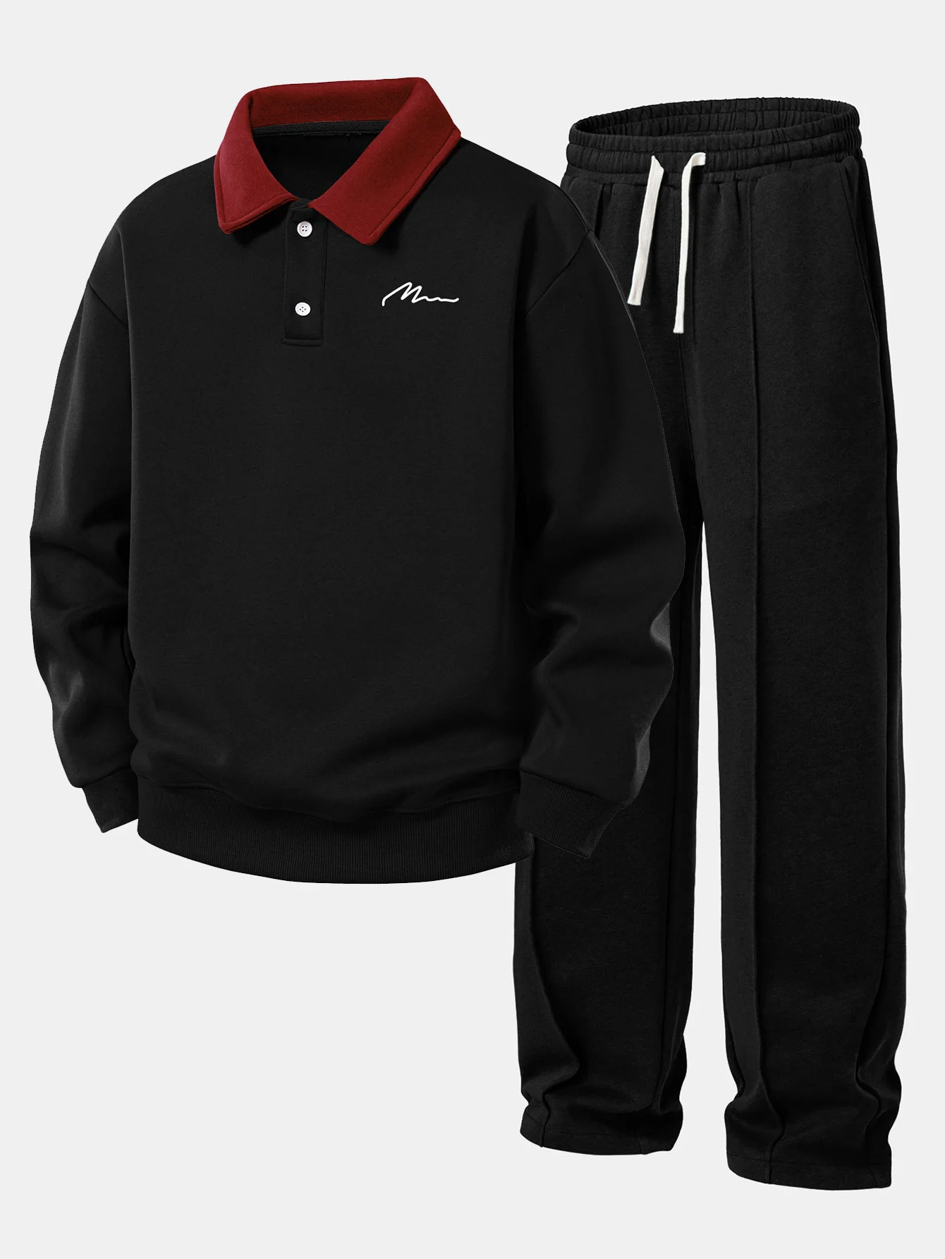 Relax Fit Letter Print Contrast Polo Sweatshirt & Straight Leg Pleated Pintuck Sweatpants - Image 3