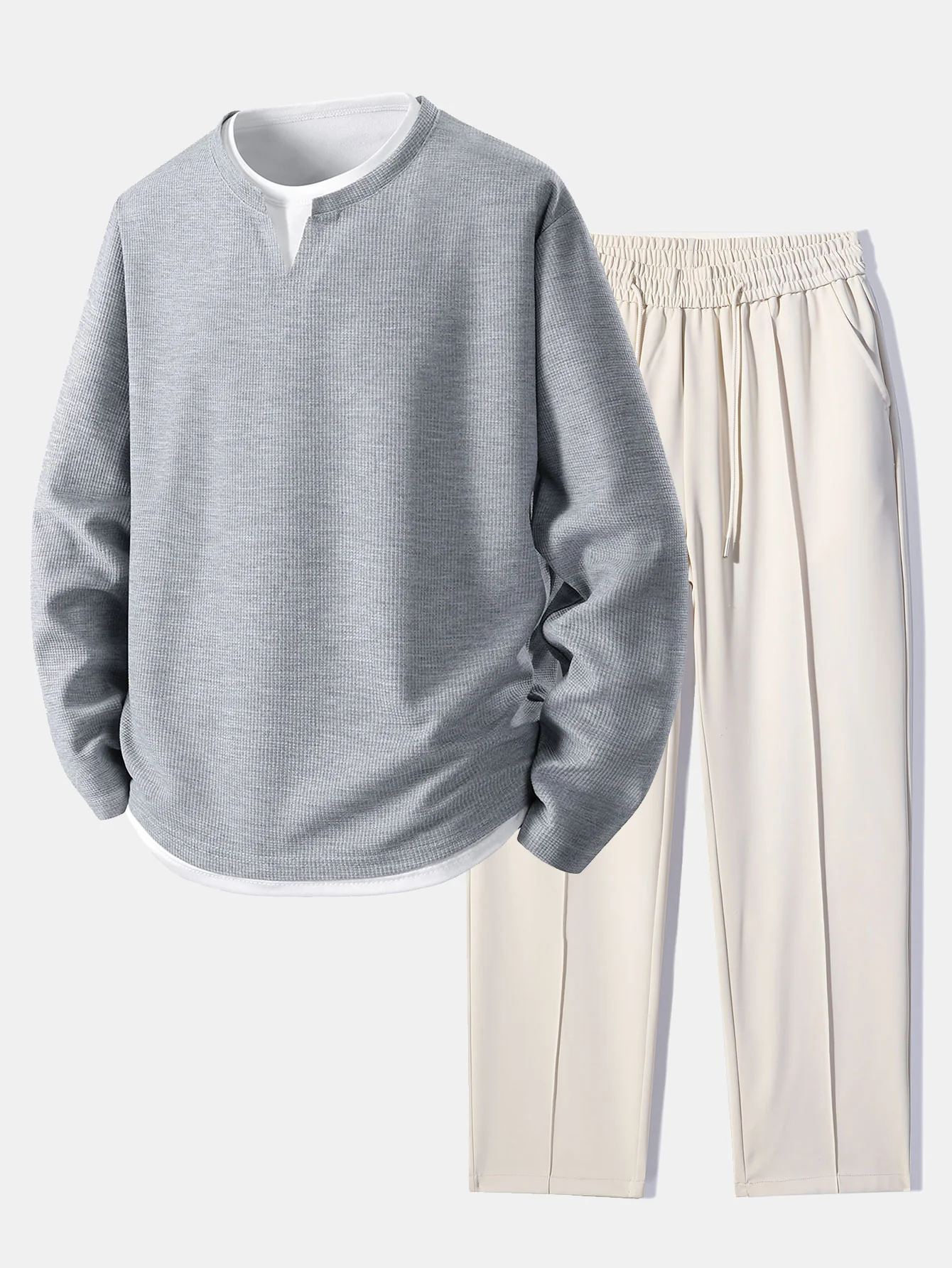 Relax Fit Langarm 2-in-1 Waffel T-Shirt & Einfache Falte Kordelzug Gerade Bein Hose