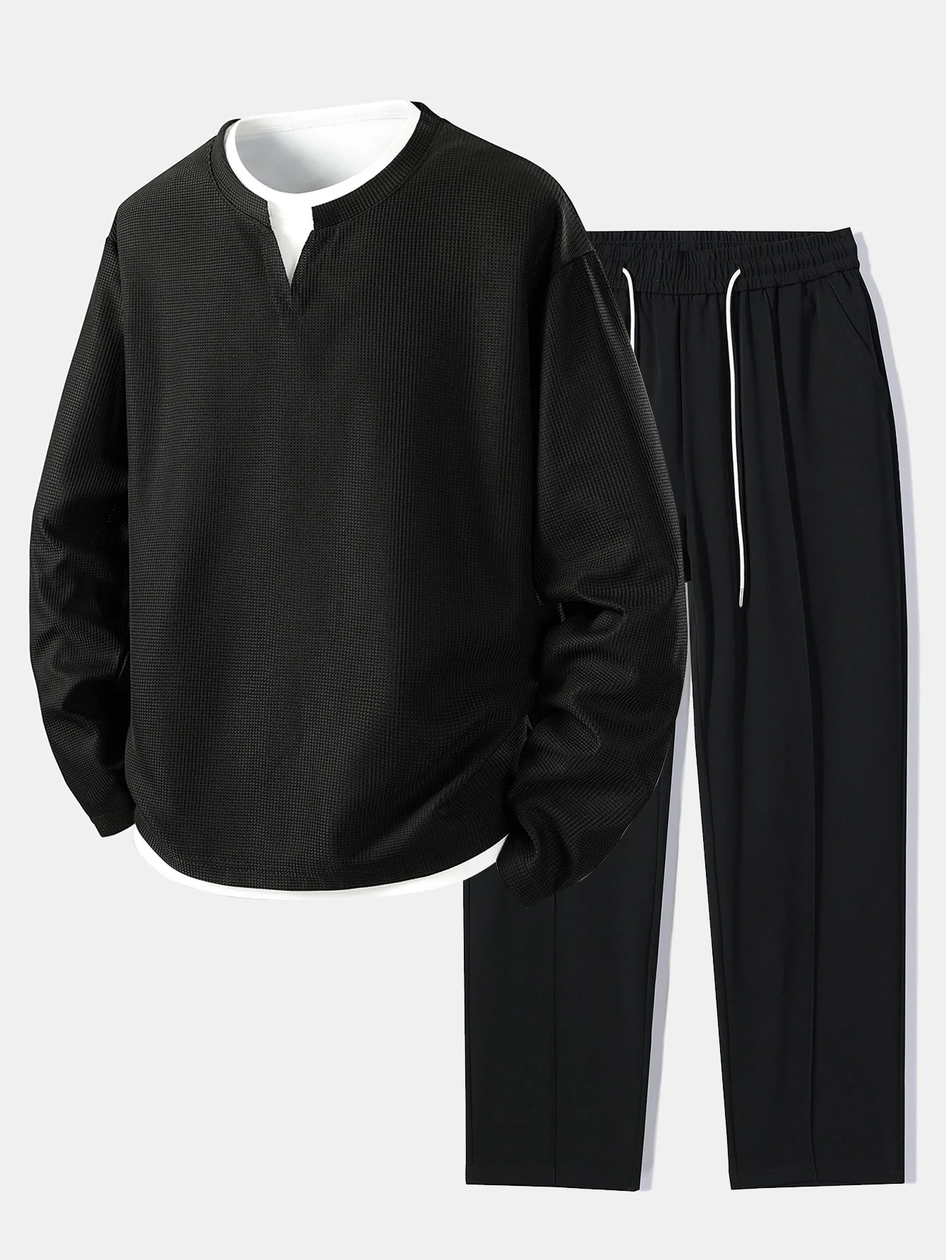 Relax Fit Langarm 2-in-1 Waffel T-Shirt & Einfache Falte Kordelzug Gerade Bein Hose - Image 2