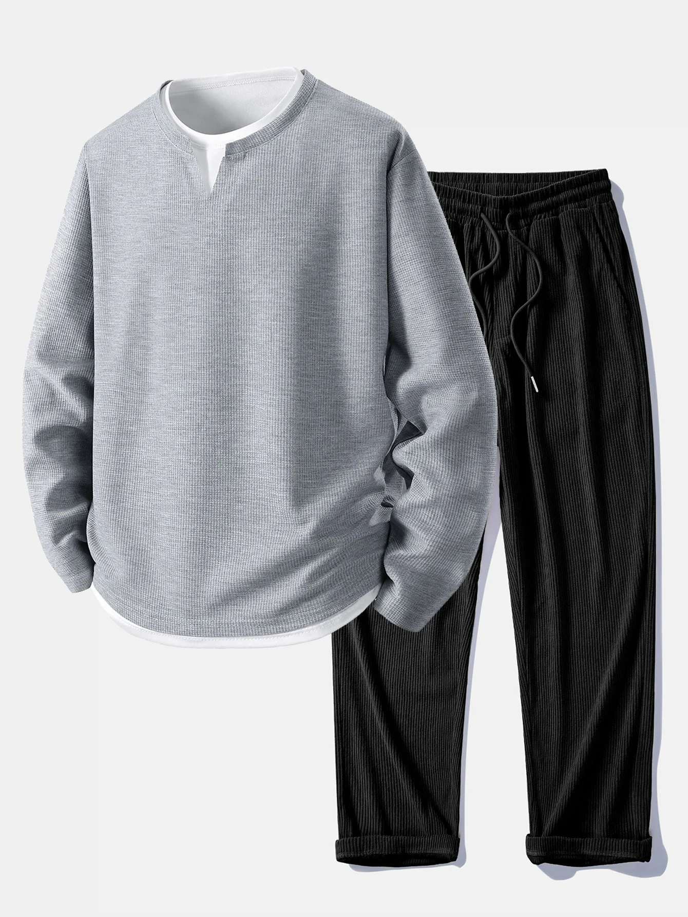 Relaxed Fit Langarm 2-in-1 Waffel T-Shirt & Gerade Cordhose - Image 2
